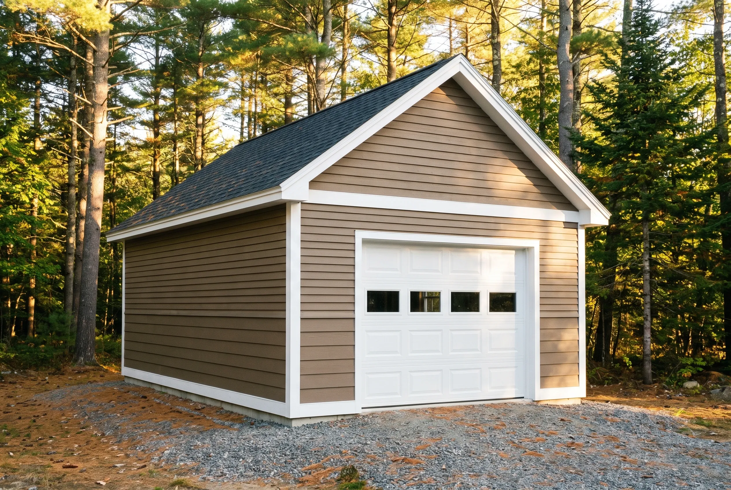 Detached single-bay garage in Somerville, ME: A one-bay garage with white garage door, tan horizontal siding, dark roof, white trim, situated on gravel driveway surrounded by pine trees.