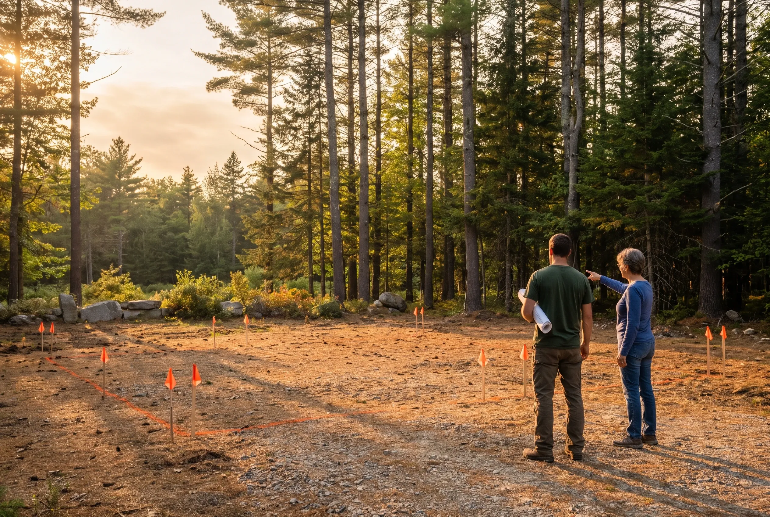 Forest survey site in Somerville, Maine: Two people stand in a cleared area marked with orange flags, surrounded by tall pine trees at sunset.