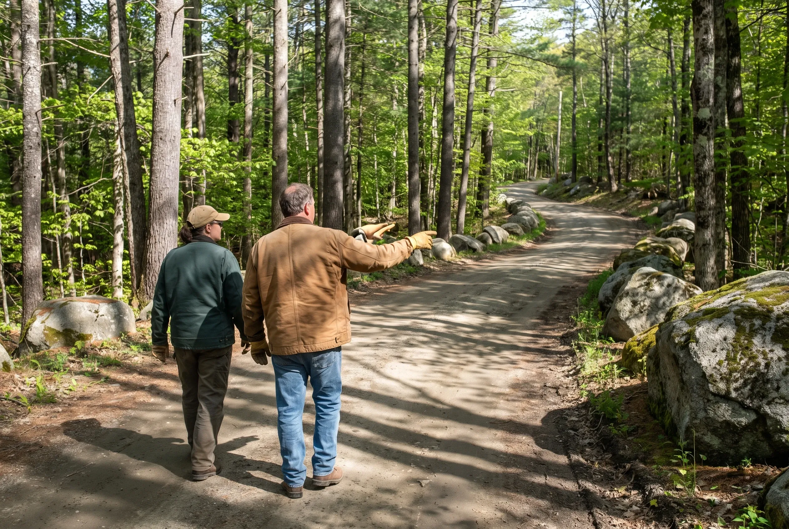 Forest hiking trail in Somerville, ME: Two people walking on a dirt path through a wooded area with tall trees and moss-covered rocks.