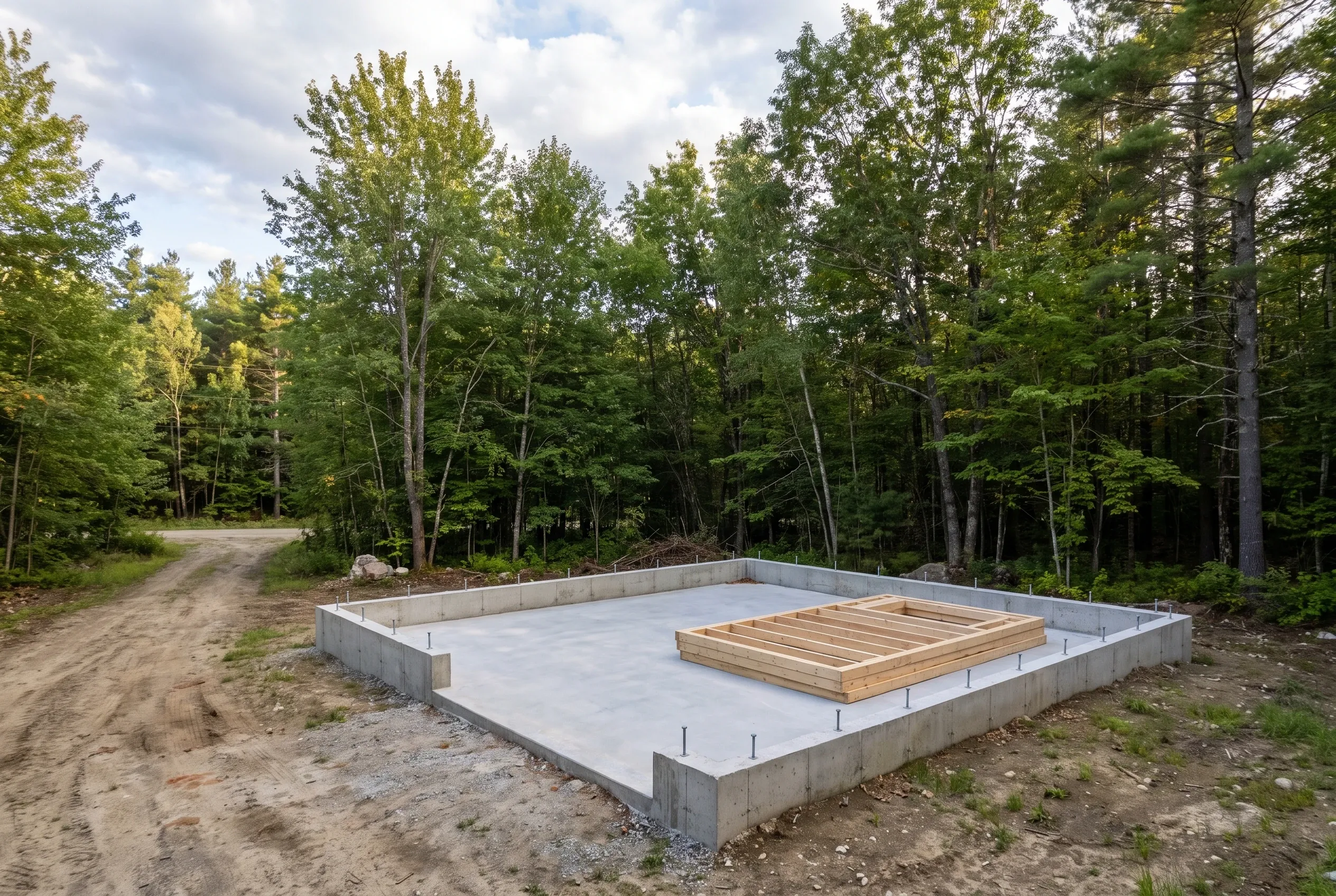 Garage foundation in Somerville, ME: Concrete foundation with wooden floor frame under construction in a forested setting, dirt driveway visible to the left.