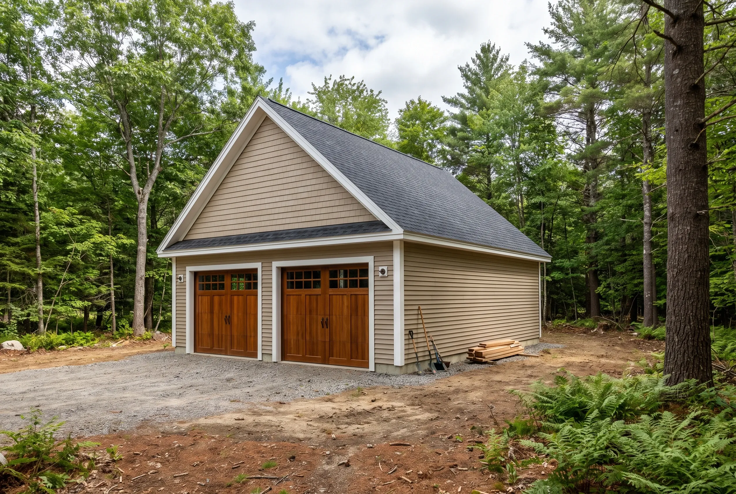Detached two-bay garage in Somerville, Maine: New garage with tan siding, dark roof, and wooden garage doors in a wooded setting with gravel driveway.
