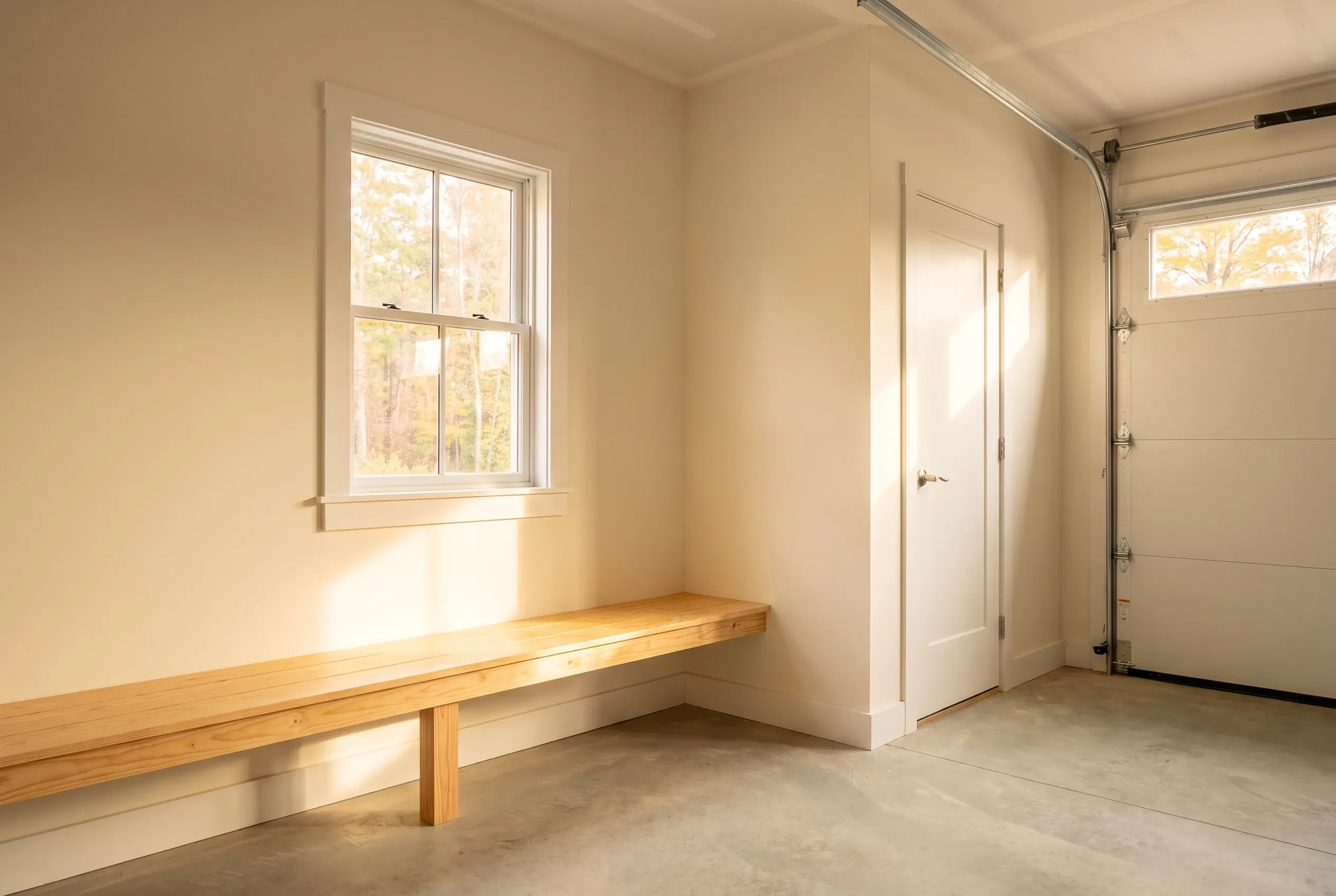 Attached garage interior in Somerville, ME: Empty garage with wooden workbench, concrete floor, white walls, single window with fall foliage visible outside, and closed garage door.