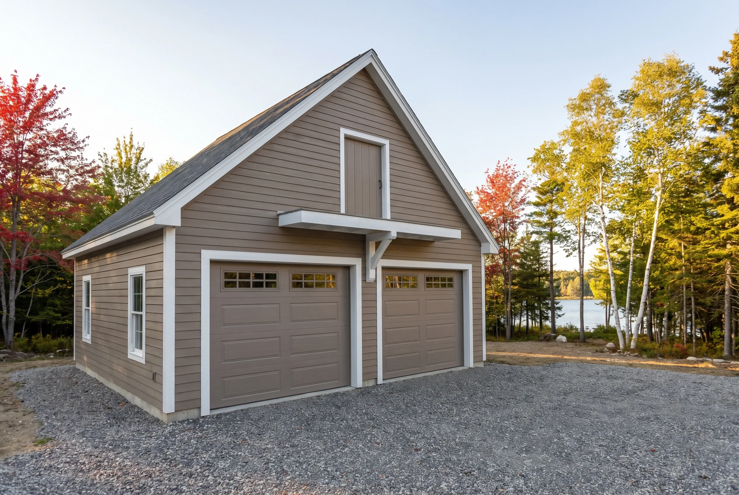 Detached two-bay garage in Vassalboro, Maine: Gray sided garage with white trim and dark roof situated on gravel driveway surrounded by autumn foliage and trees near water.