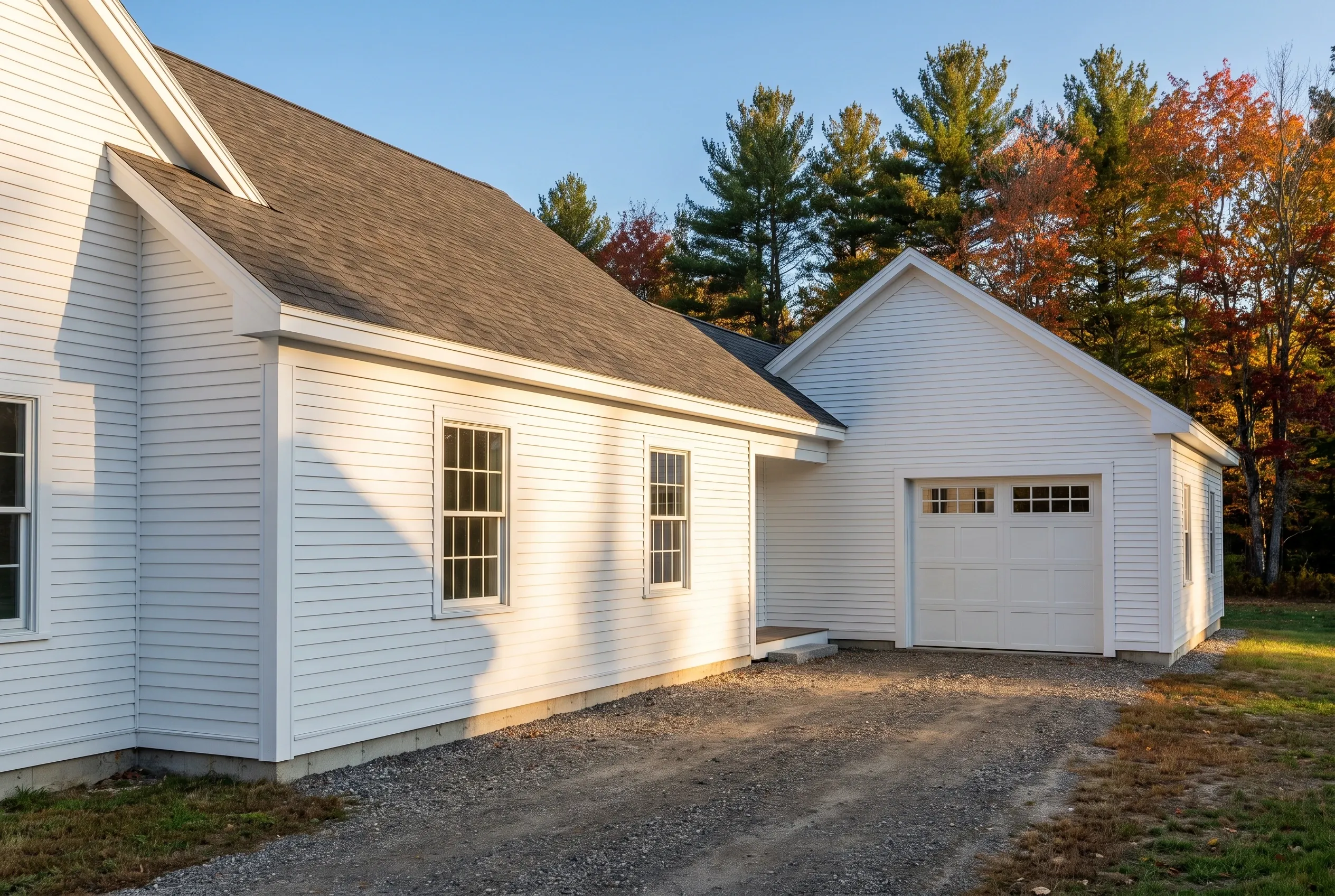 Detached two-bay garage in Vassalboro, Maine: White vinyl-sided garage with attached single-bay section, asphalt shingle roof, gravel driveway, surrounded by evergreen and deciduous trees in fall colors under clear sky.