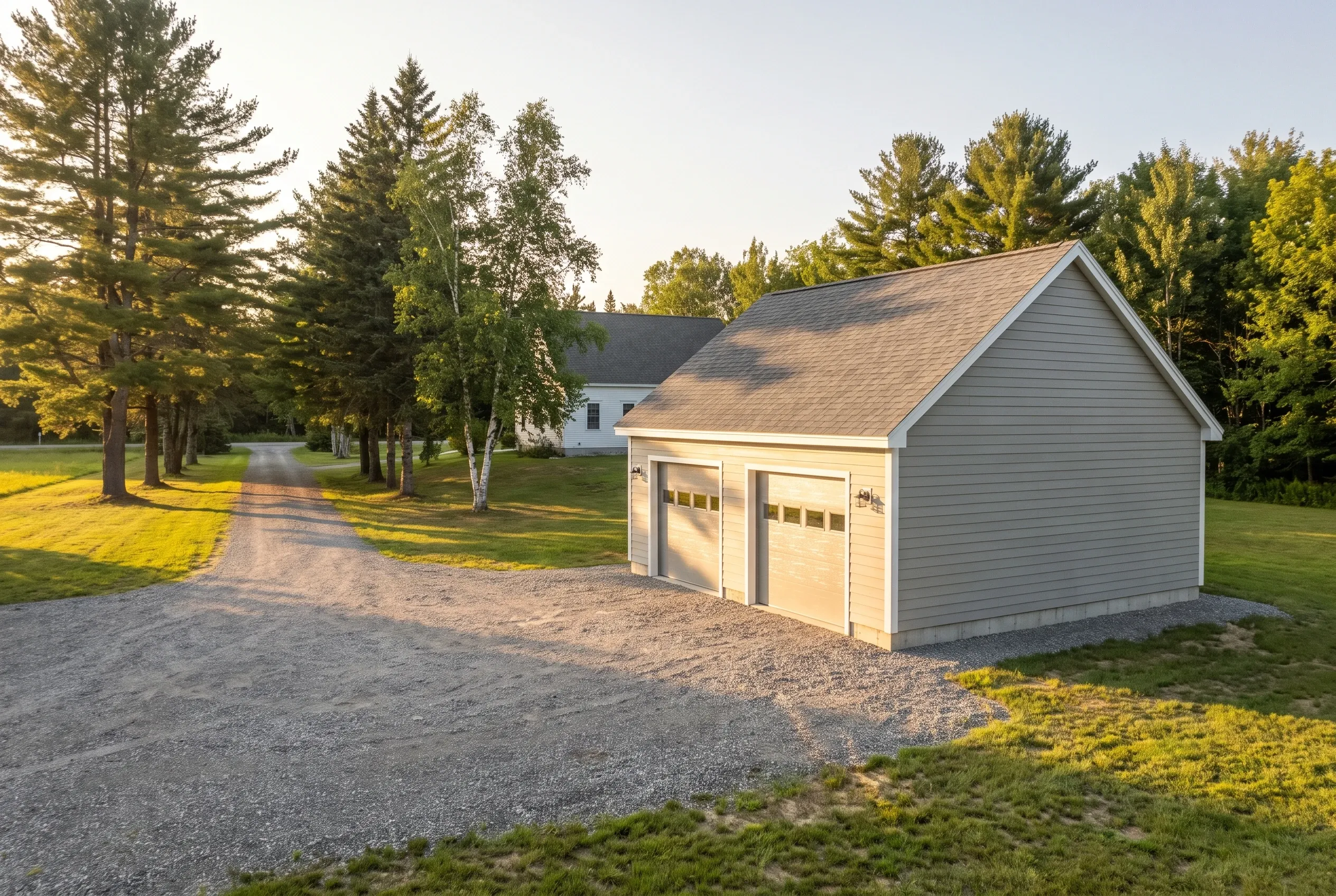 Detached two-bay garage in Vassalboro, ME: A light gray vinyl-sided garage with tan trim and a peaked roof stands on a gravel driveway bordered by green lawn and evergreen trees at golden hour.