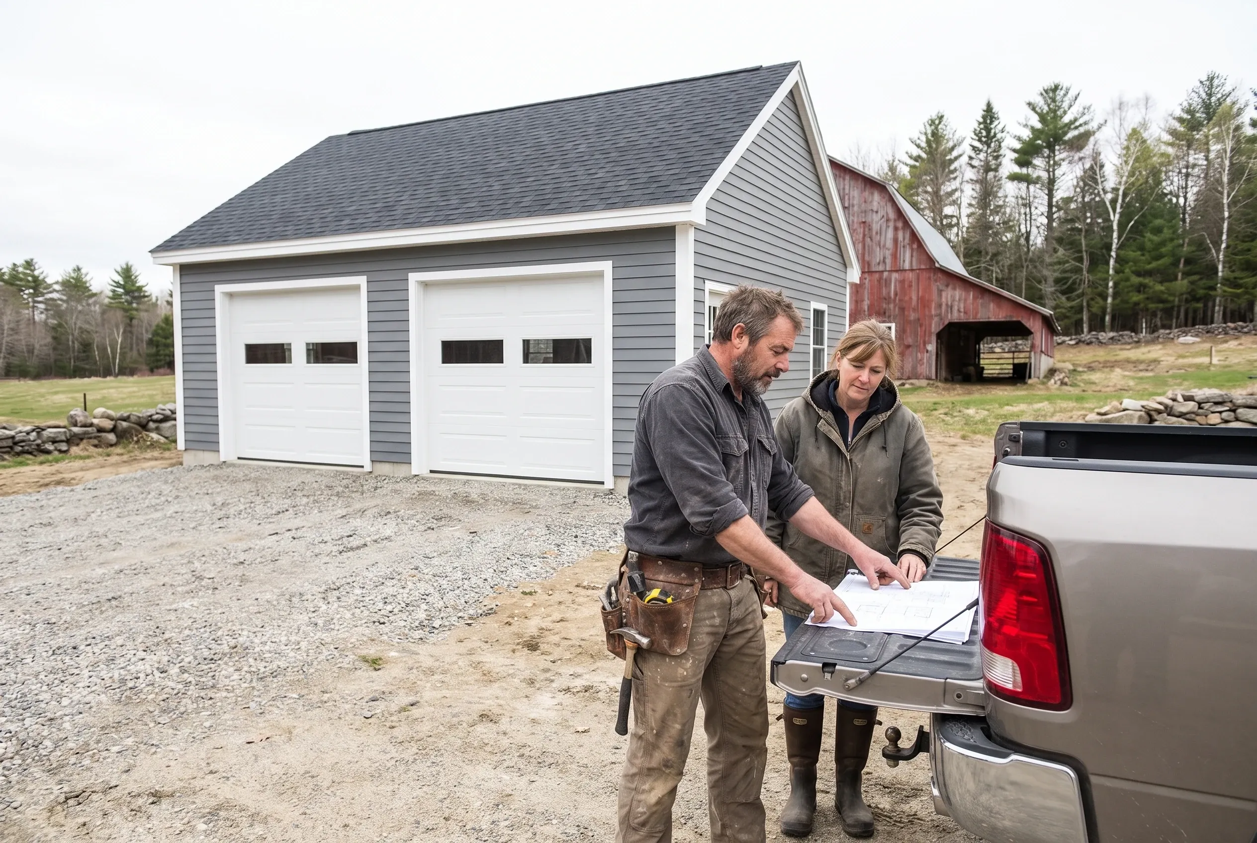 Tom Linkens and a farm owner reviewing garage drawings on a pickup tailgate by a new gray two-bay garage and a red barn in Vassalboro, Maine