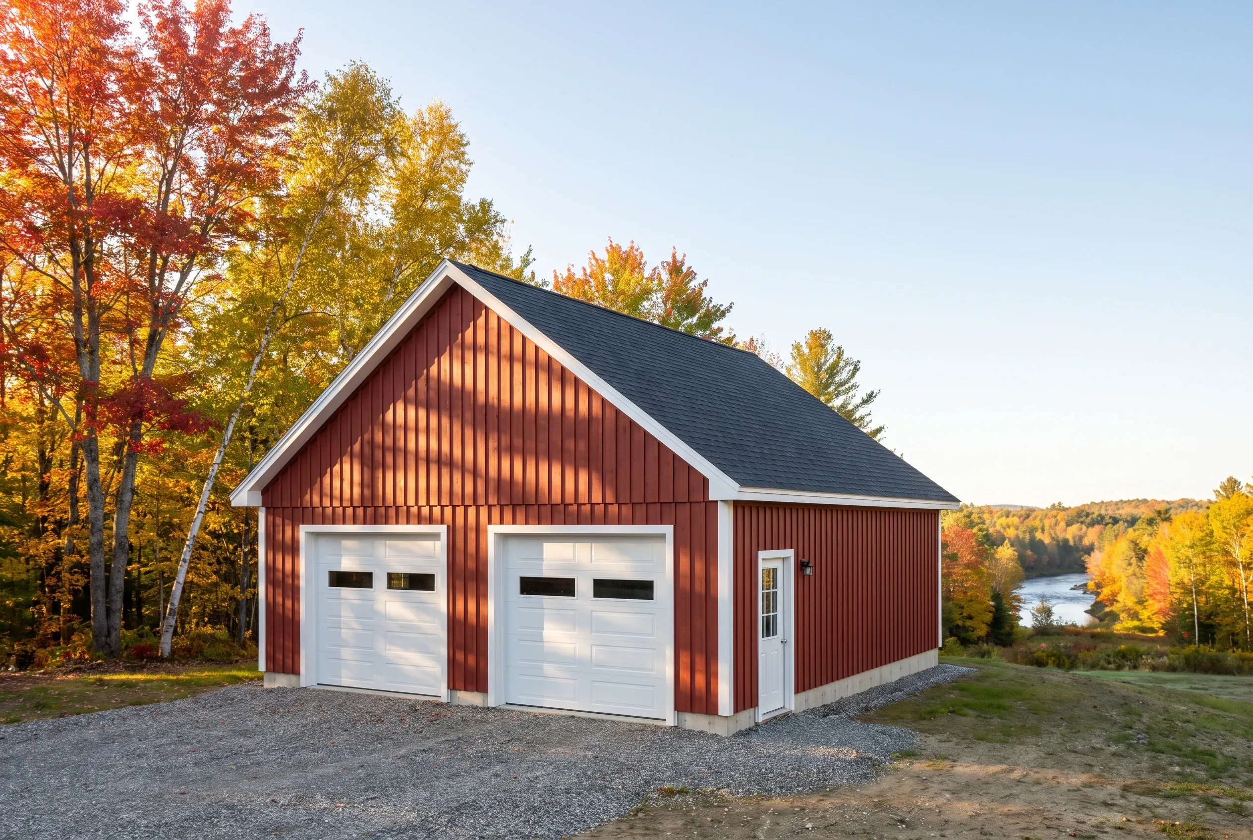 Garage builders in Vassalboro, ME: Two-bay garage with red vertical siding, white trim, black roof, situated among autumn trees with water visible in background.