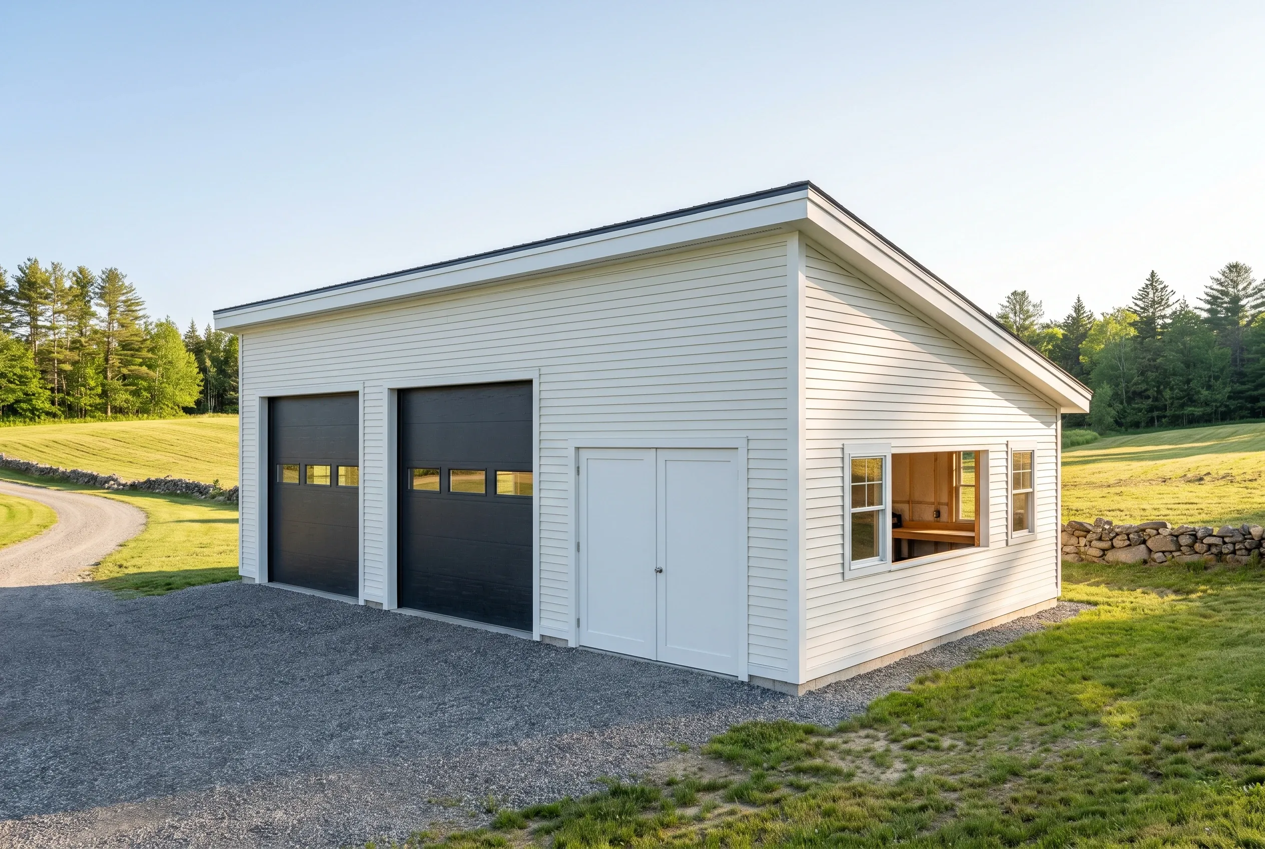 Two-bay detached garage in Vassalboro, ME: White vinyl-sided garage with black overhead doors, situated on gravel driveway with green lawn and evergreen trees in background under clear sky.