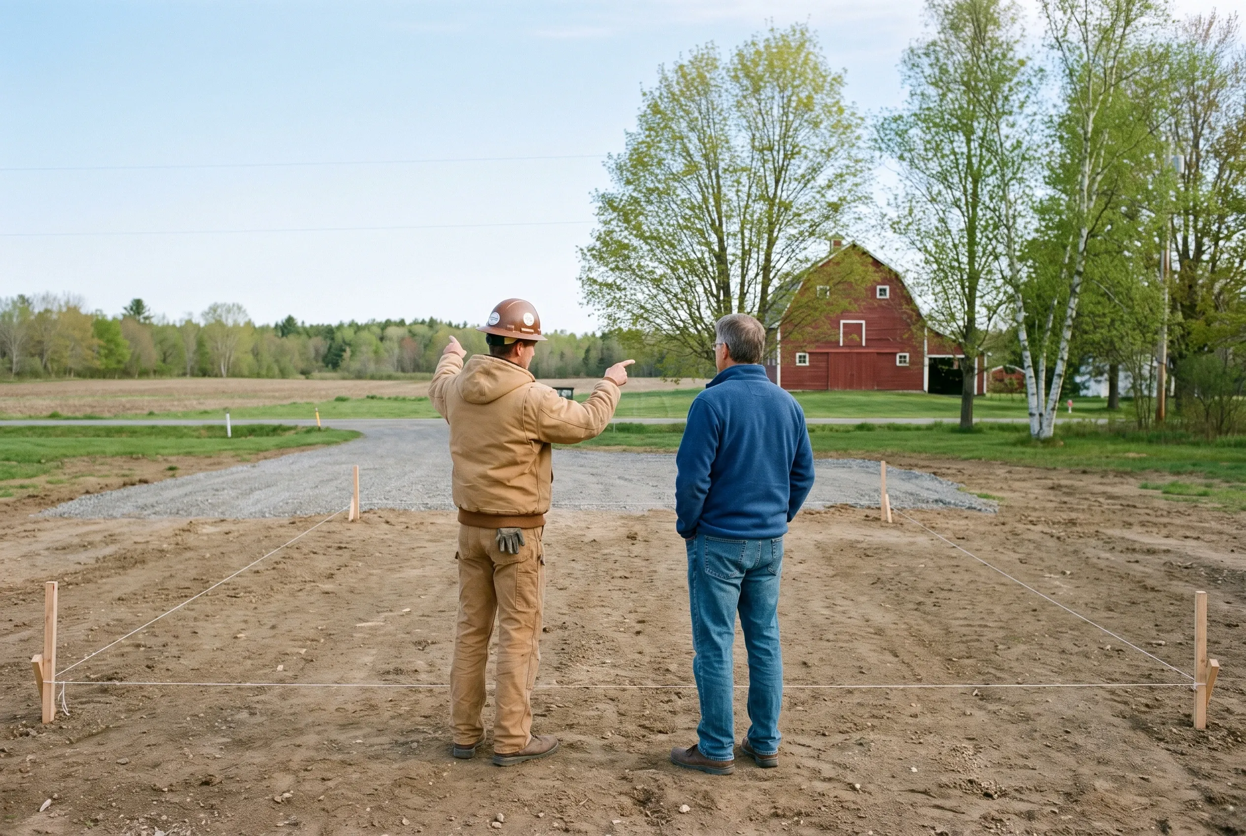 Detached two-bay red barn in Vassalboro, Maine: Two men stand on a dirt foundation lot surveying the building site, with a red barn visible in the background and fields beyond.