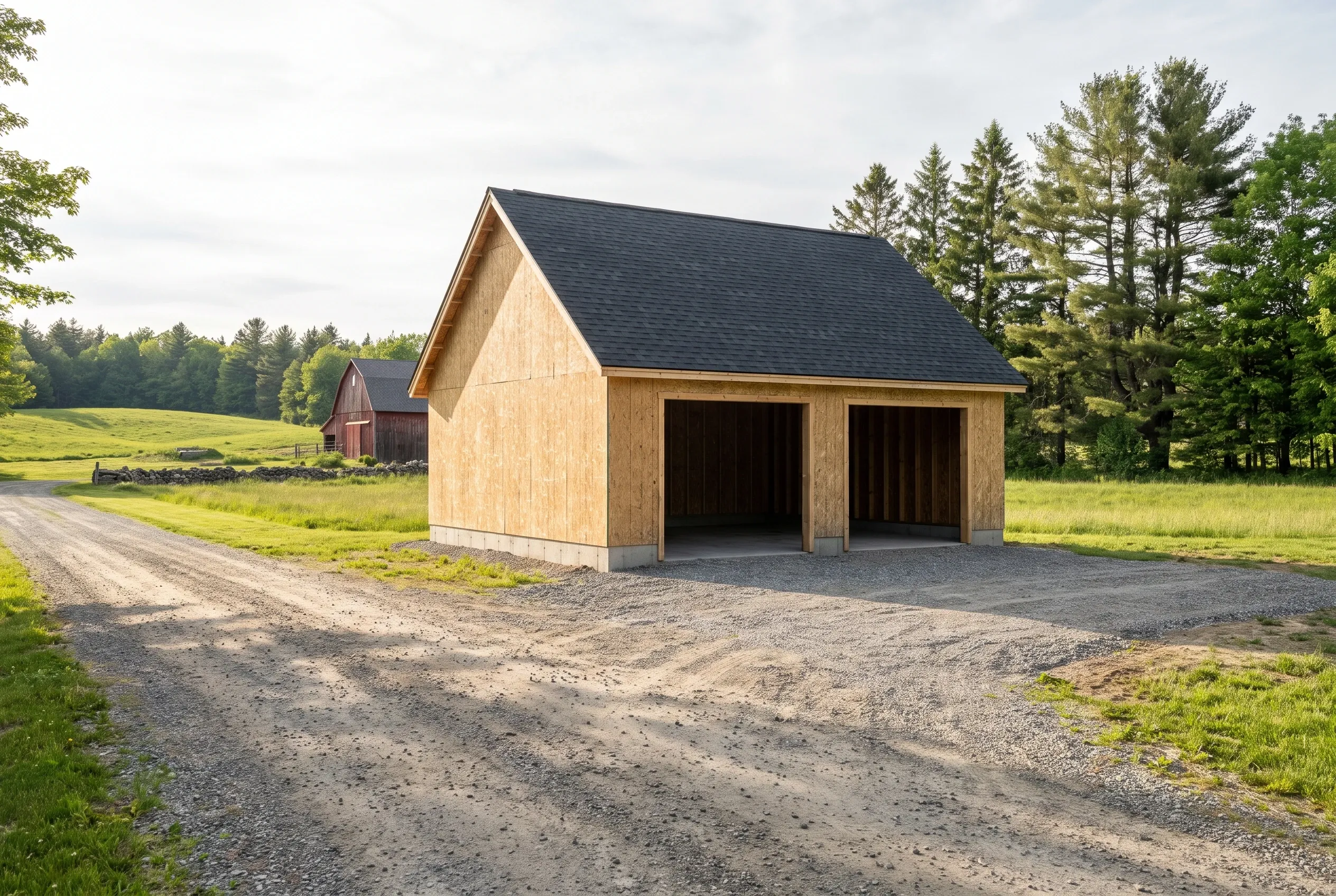Detached two-bay garage in Vassalboro, Maine: Two-bay garage with wood siding and dark roof in rural setting with gravel driveway, surrounded by green fields and evergreen trees.