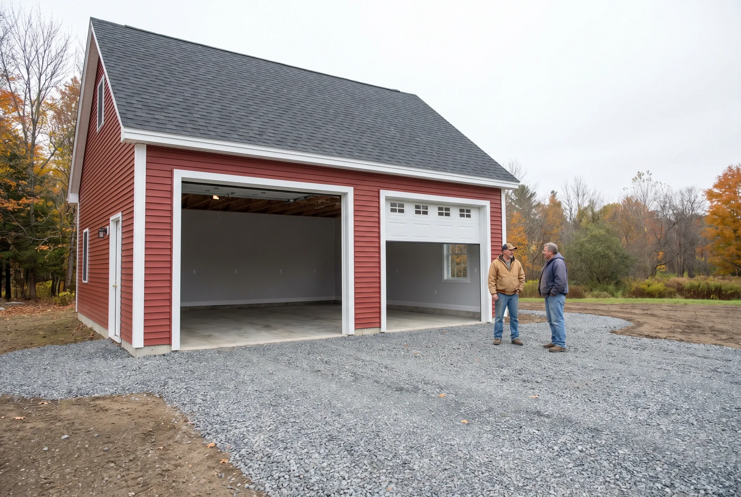 Detached two-bay garage in Vassalboro, Maine: Red sided garage with white trim and gray shingled roof. Two men stand in the driveway conversing. Autumn trees visible in background.