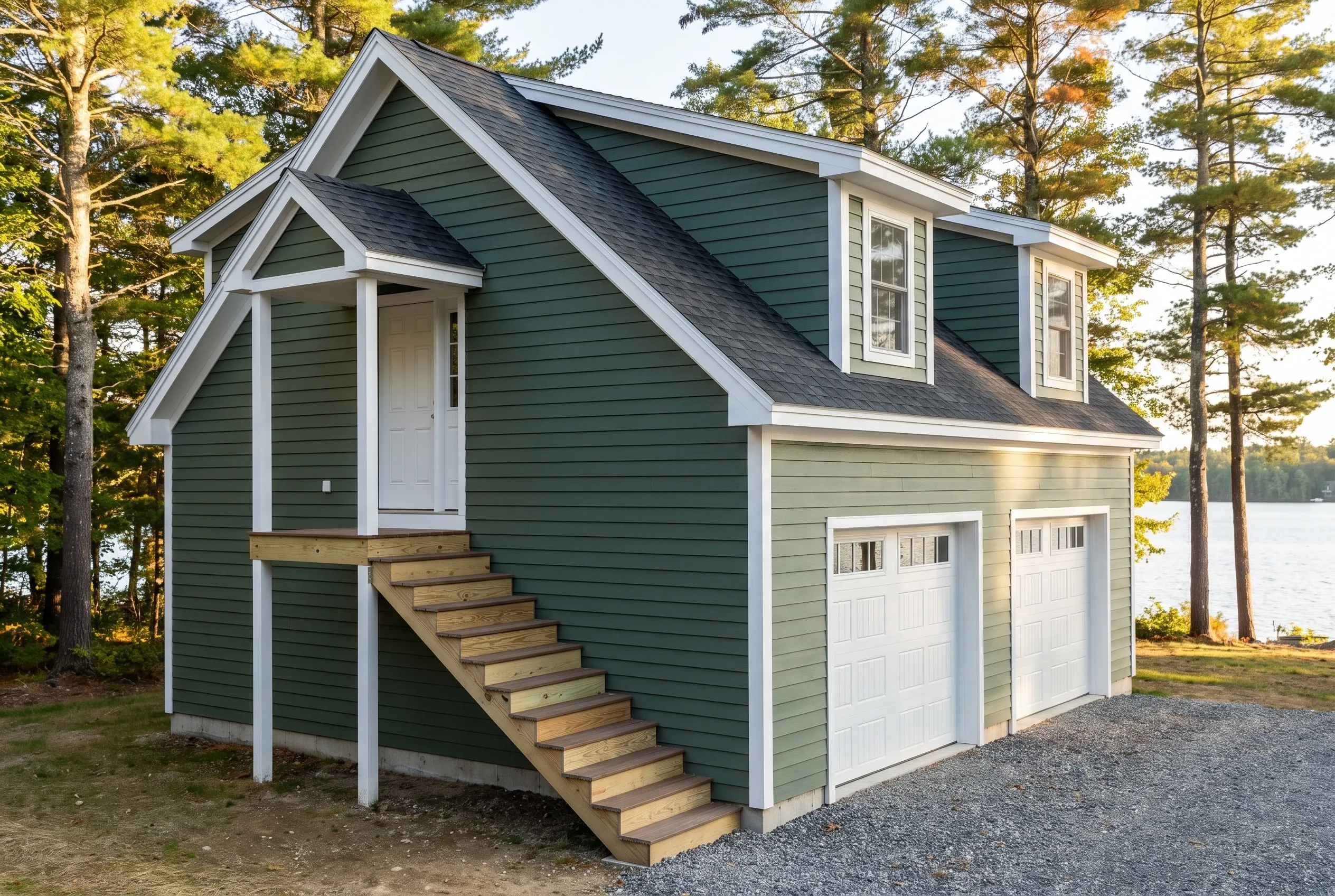 Two-bay garage in Wayne, ME: Green sided two-story garage with white trim, dark roof, two white garage doors, upper windows, covered entrance with wooden stairs, surrounded by pine trees and water view.