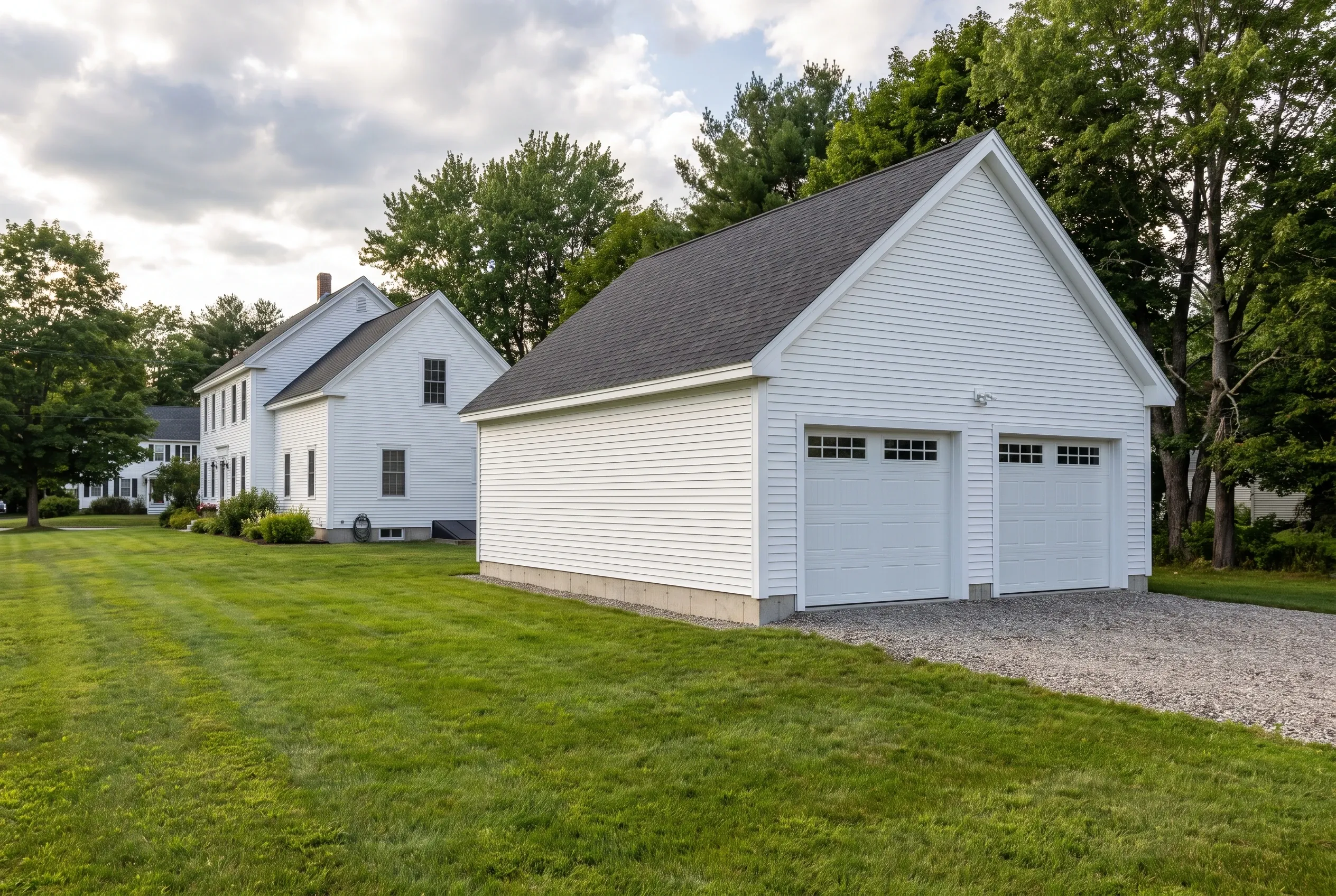 Two-bay garage in Wayne, ME: White vinyl-sided detached garage with dark gray roof and two white garage doors, situated on gravel driveway next to white colonial house on green lawn surrounded by trees.