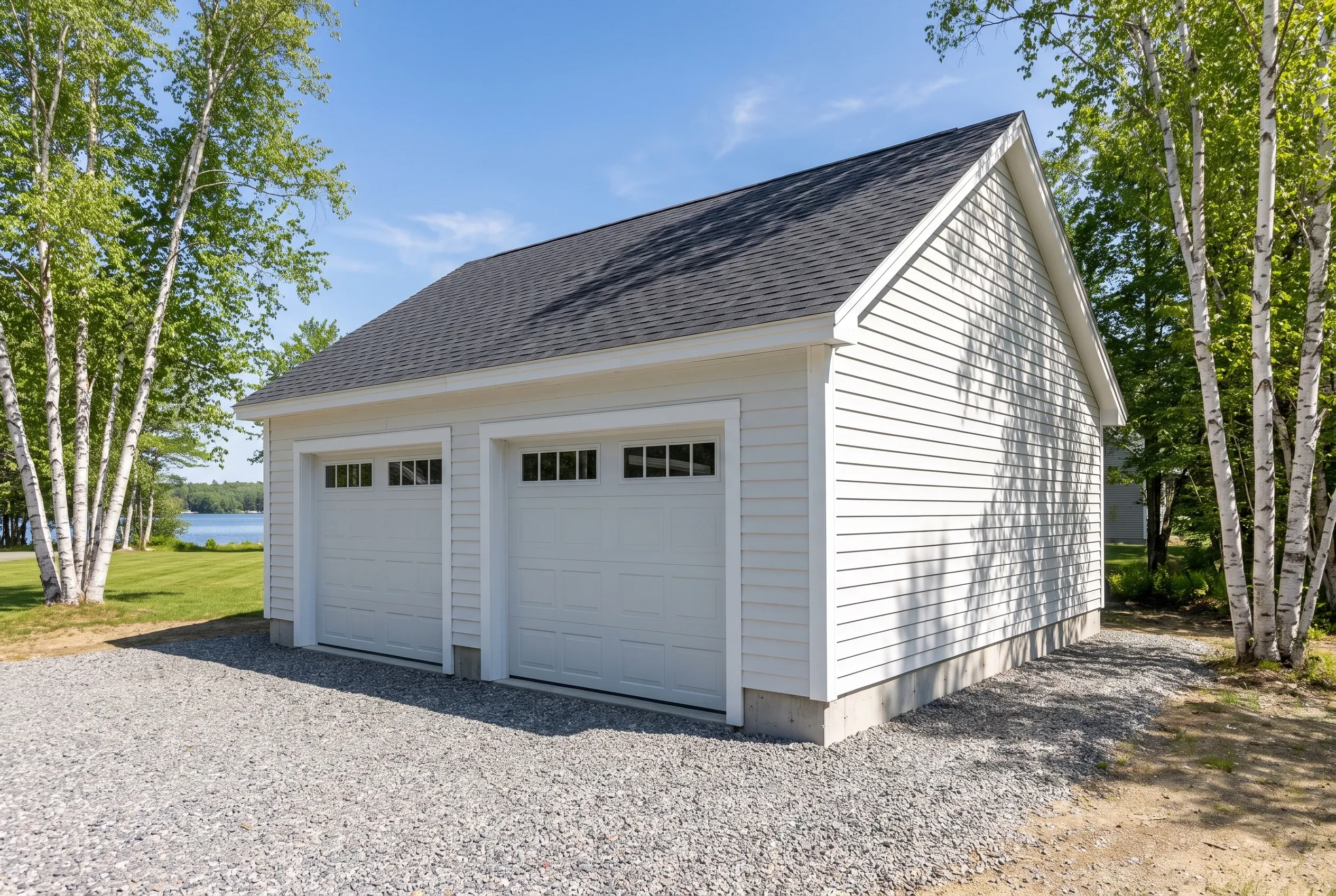 Garage builders in Wayne, ME: Two-bay white vinyl-sided garage with dark shingle roof beside birch trees and lawn overlooking water.