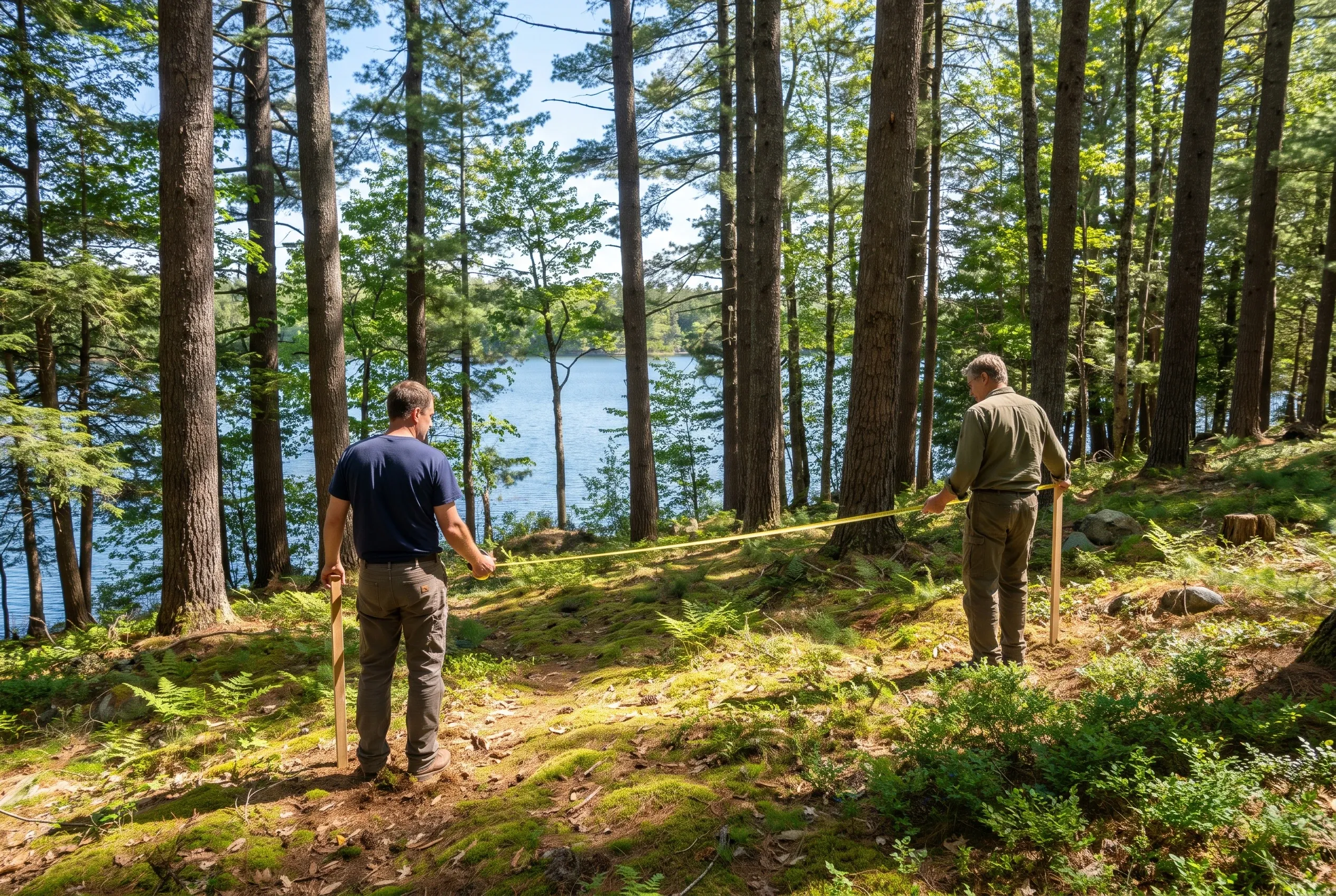 Forest Lake Trail in Wayne, ME: Two people carrying a wooden beam on a forest trail with tall pine trees and a lake visible in the background.