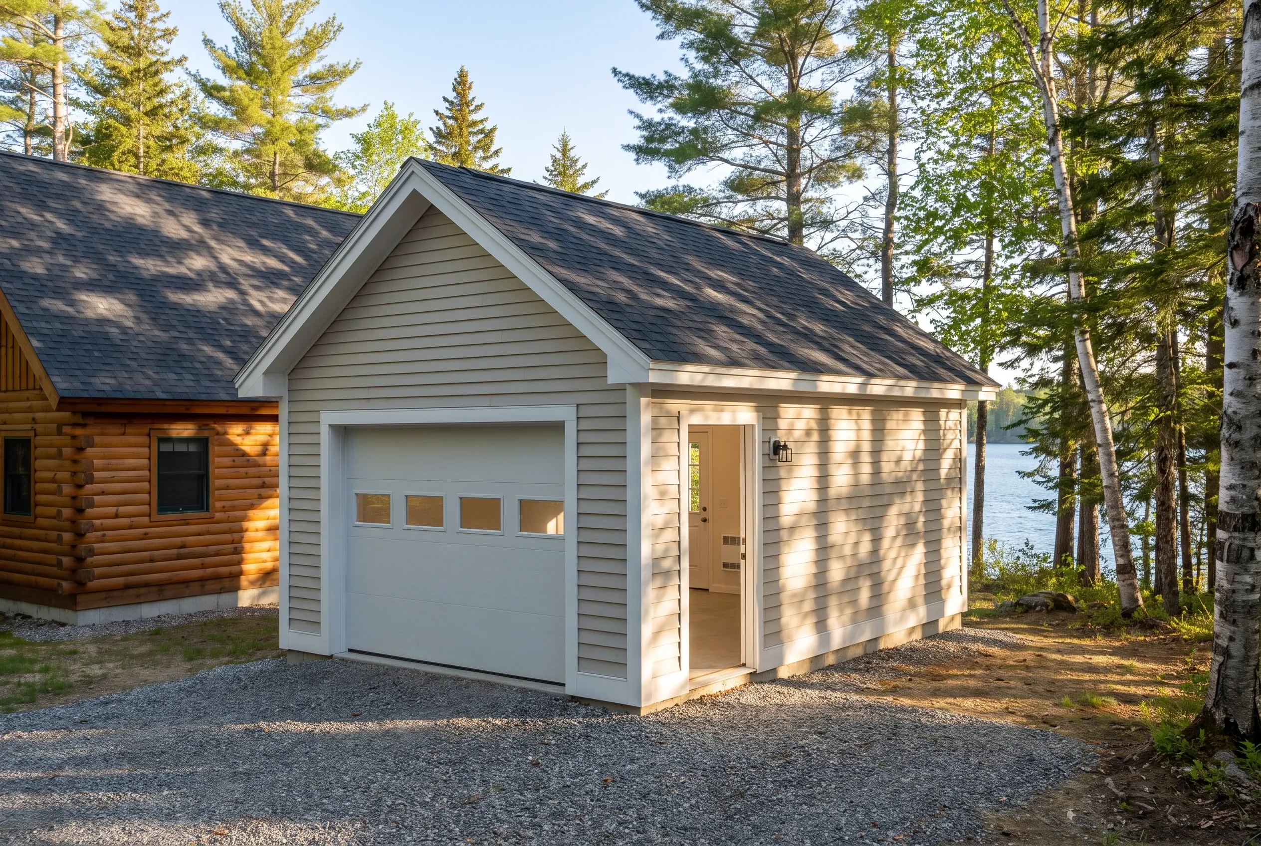 Detached single-bay garage in Wayne, Maine: Tan vinyl-sided garage with white trim and a dark asphalt shingle roof beside a log camp, in a wooded lakeside setting with birch and evergreen trees.