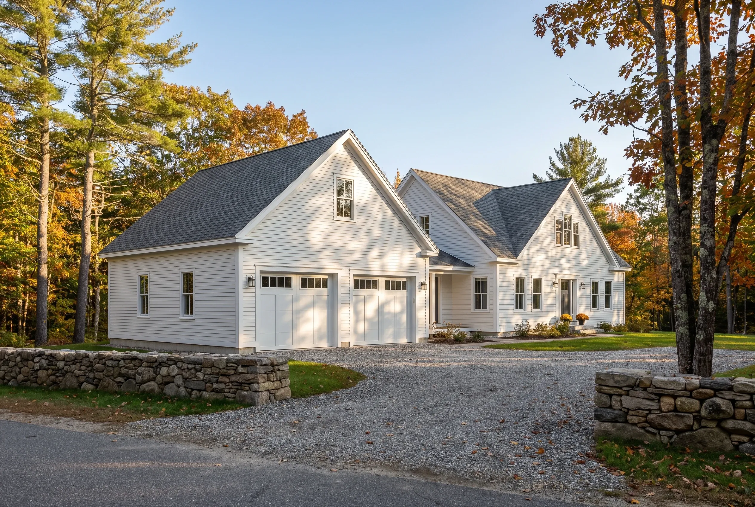 Detached two-bay garage in Wayne, ME: White vinyl-sided garage with dark shingle roof beside white farmhouse, gravel driveway, stone walls, autumn trees.