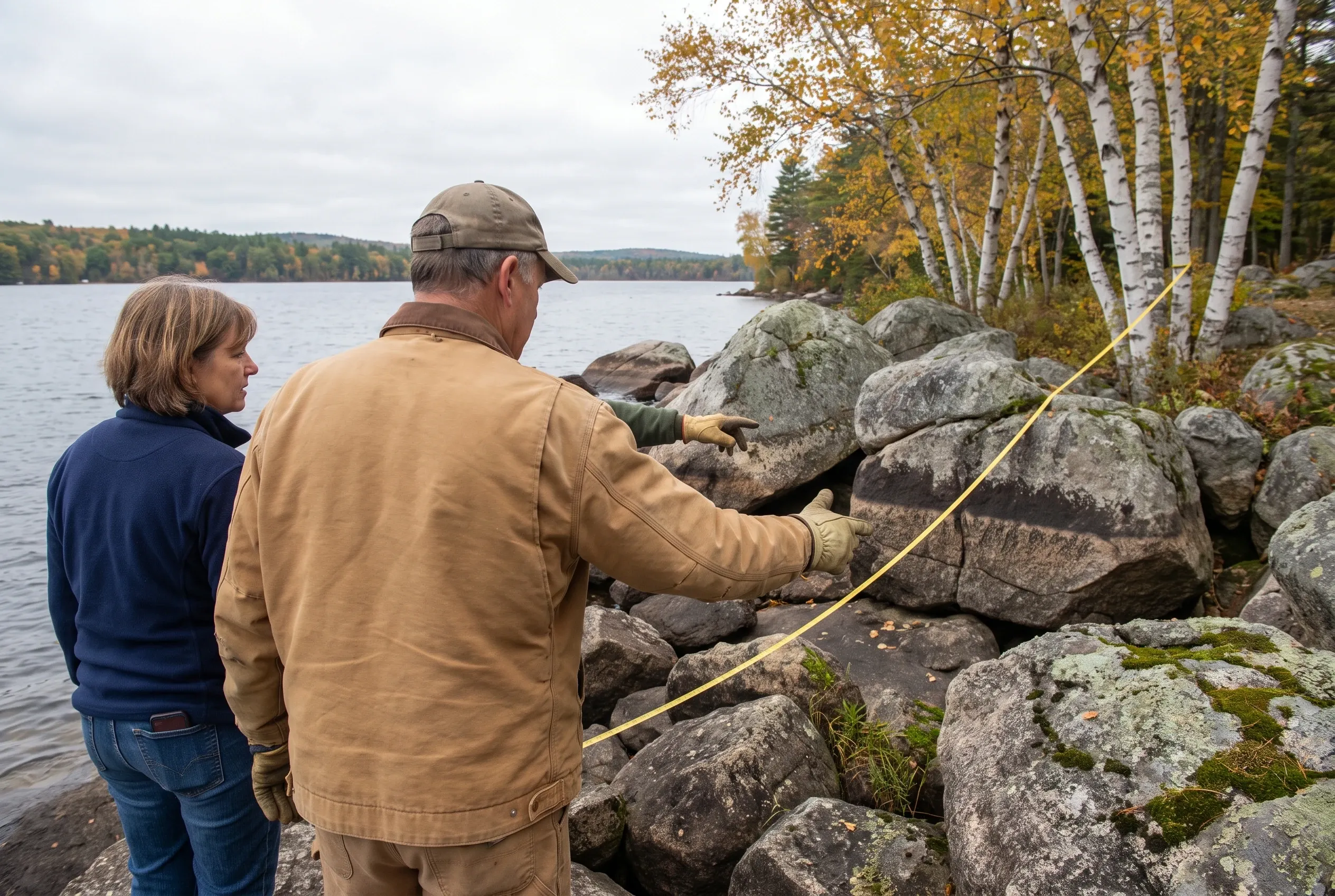 Two people fishing on rocky shoreline: Two people stand on moss-covered rocks beside a lake, one holding a fishing rod, with autumn birch trees and distant shoreline visible.