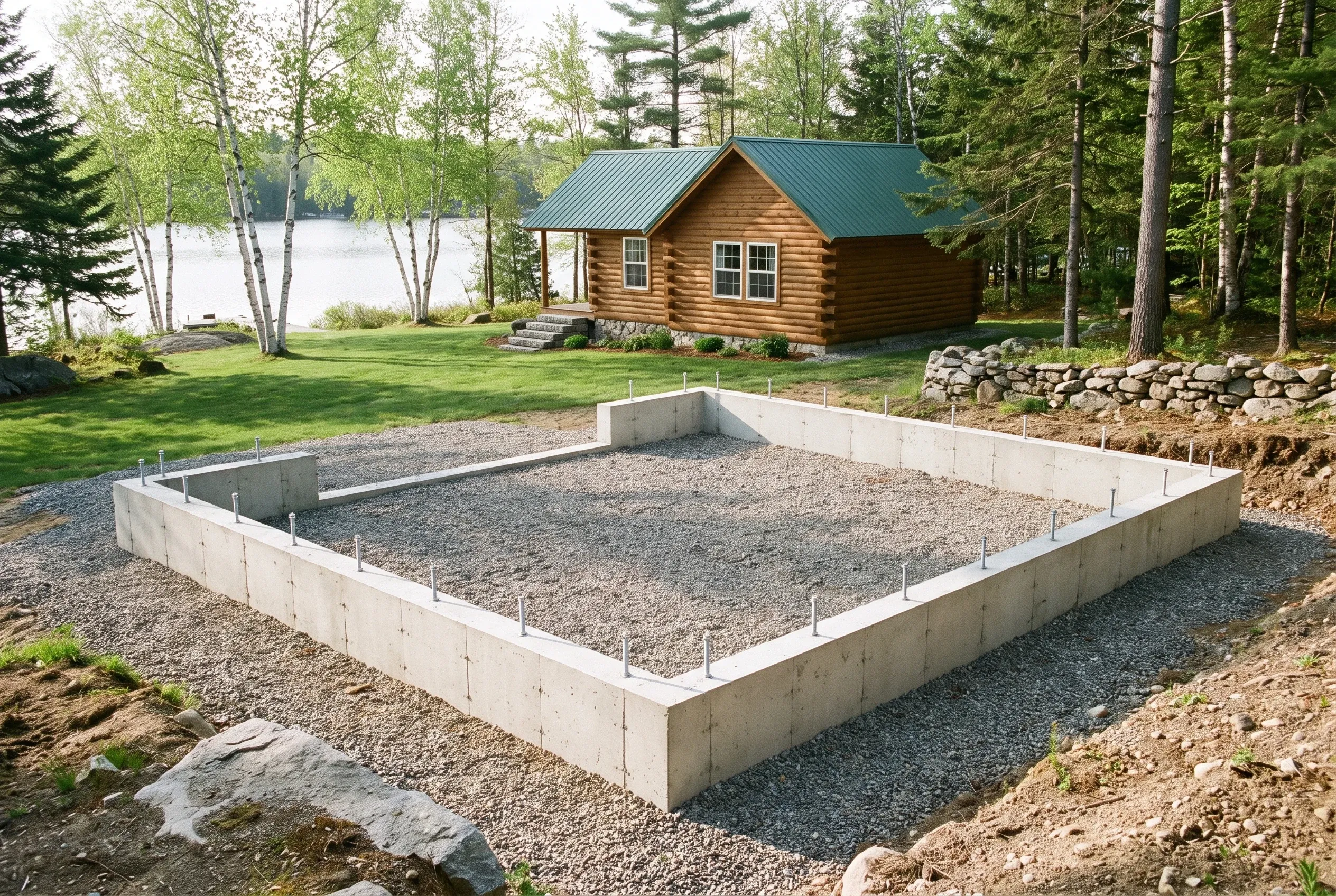 Concrete foundation for log cabin in Wayne, ME: A large rectangular concrete foundation with gravel base sits in front of a log cabin with metal roof near a lake.