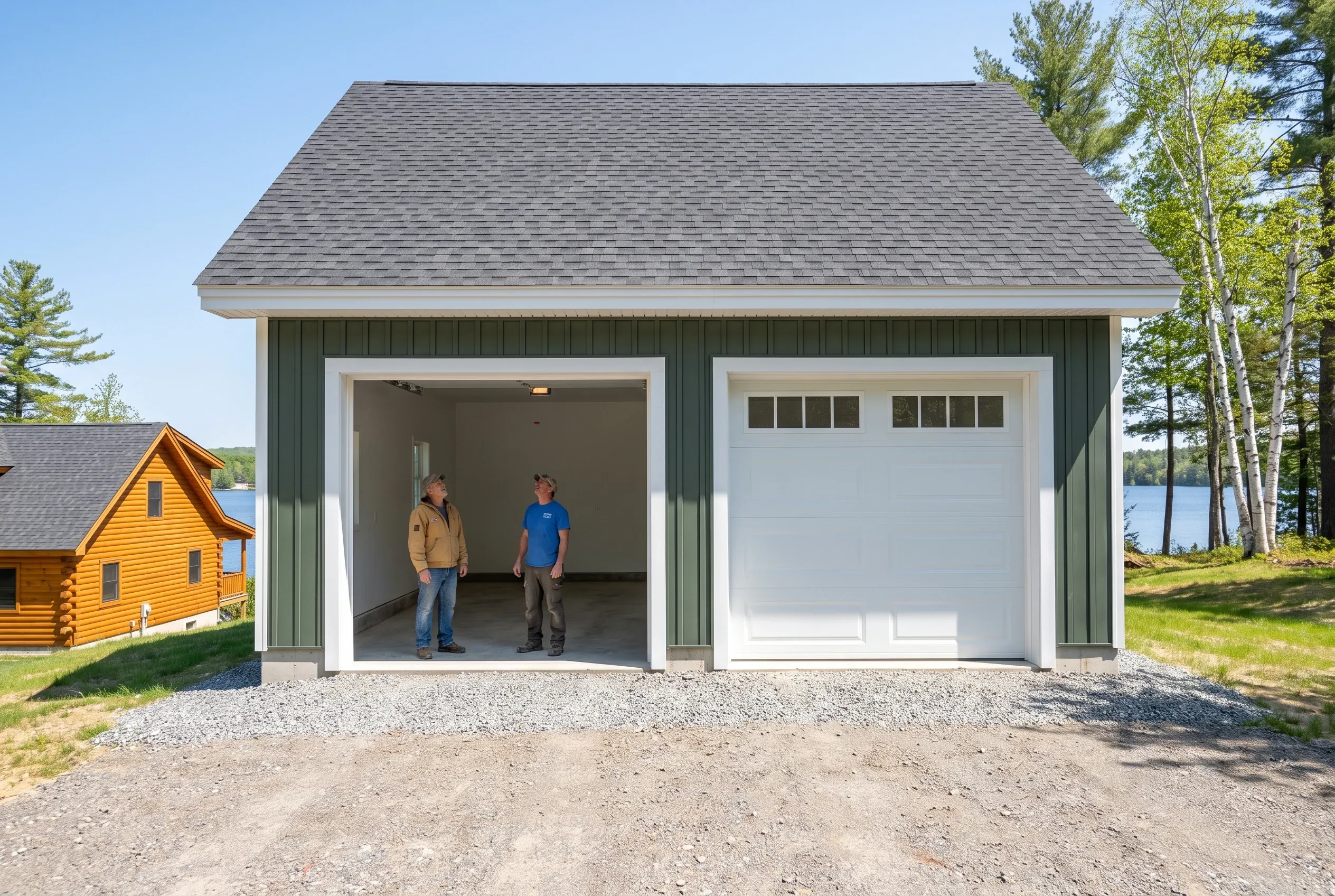 Two-bay garage in Wayne, ME: Green and white two-bay garage with gray roof near lake, two men standing in open bay doorway.