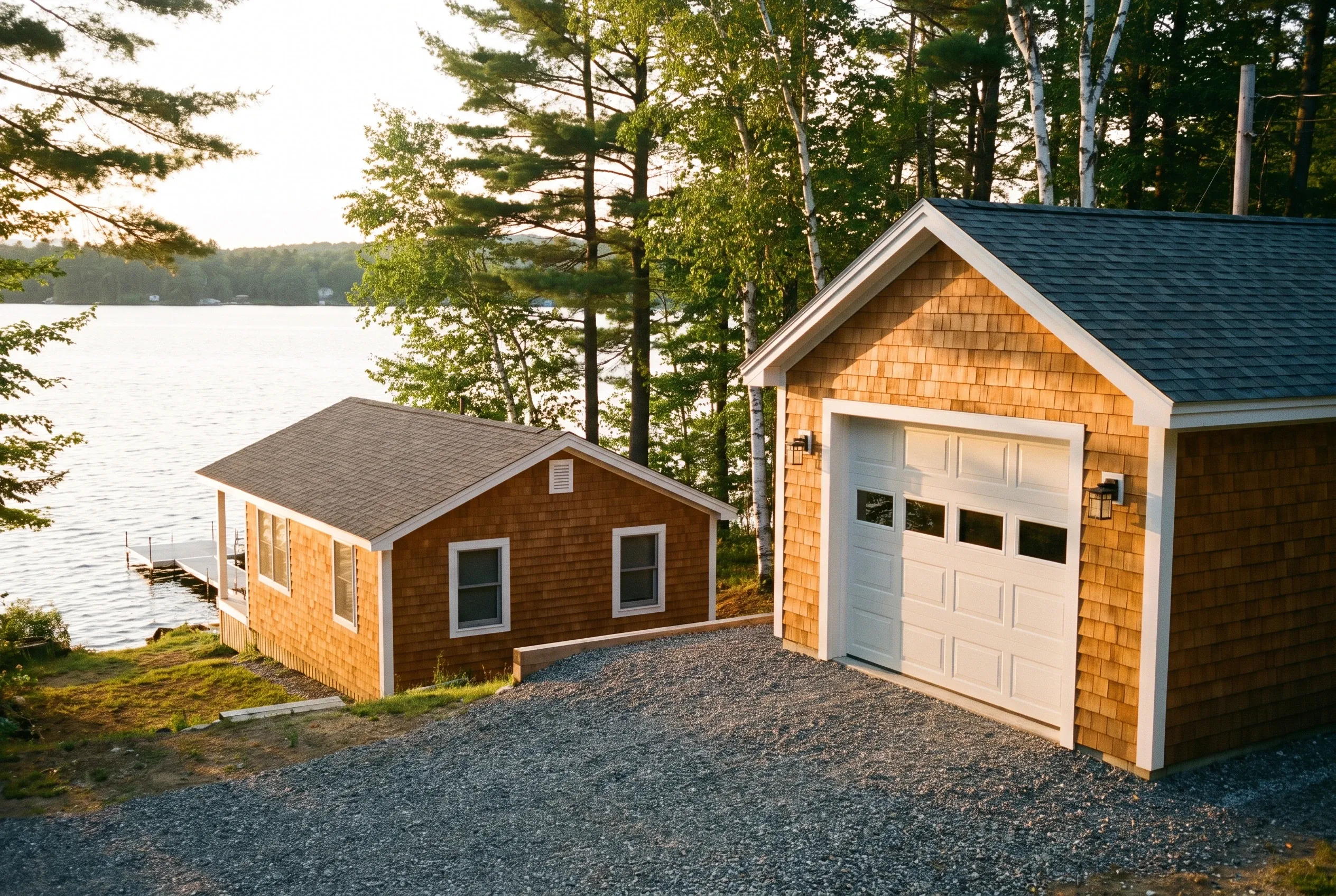 Detached two-bay garage in Wayne, ME: Brown cedar shake sided garage with white trim and gray roof situated on gravel driveway next to lake, surrounded by evergreen trees.