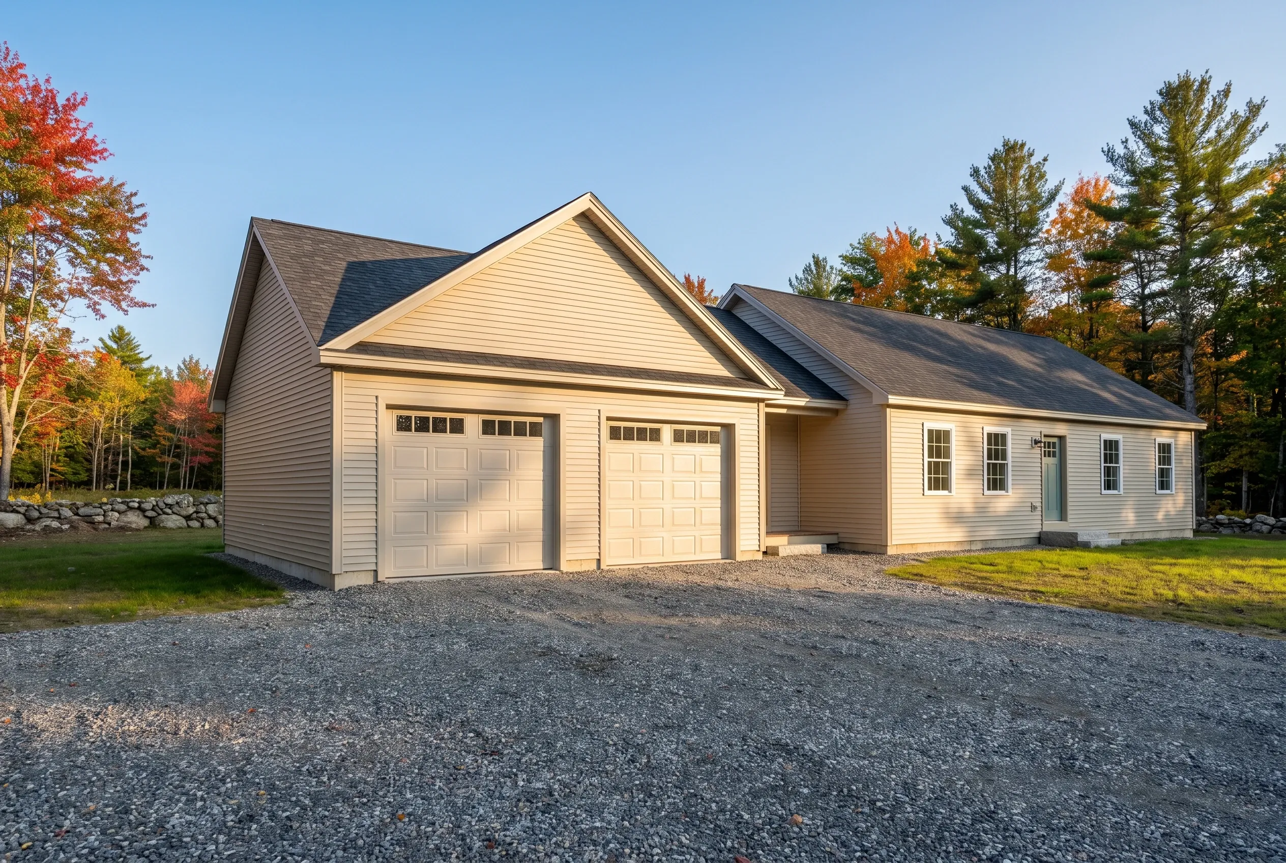 Two-bay detached garage in West Gardiner, ME: Cream-colored vinyl-sided garage with two garage bays, attached single-story section with windows, dark asphalt shingle roof, gravel driveway, surrounded by evergreen and autumn foliage trees.