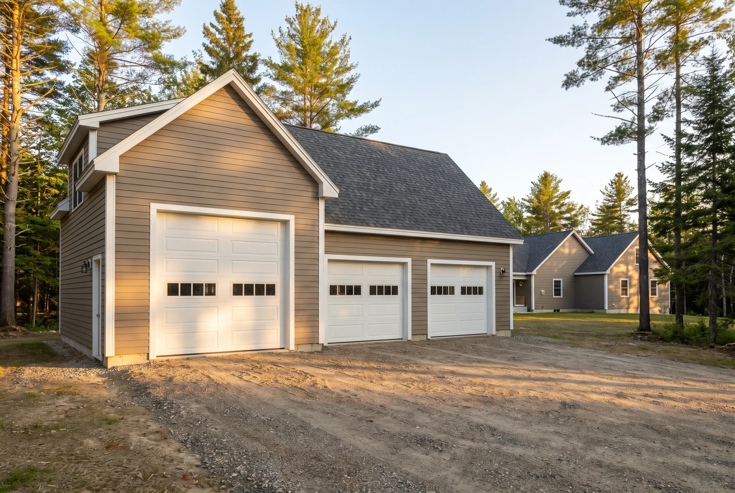 Three-bay detached garage in West Gardiner, ME: Tan siding garage with three white garage doors and dark roof, surrounded by pine trees and sandy driveway, residential home visible in background.