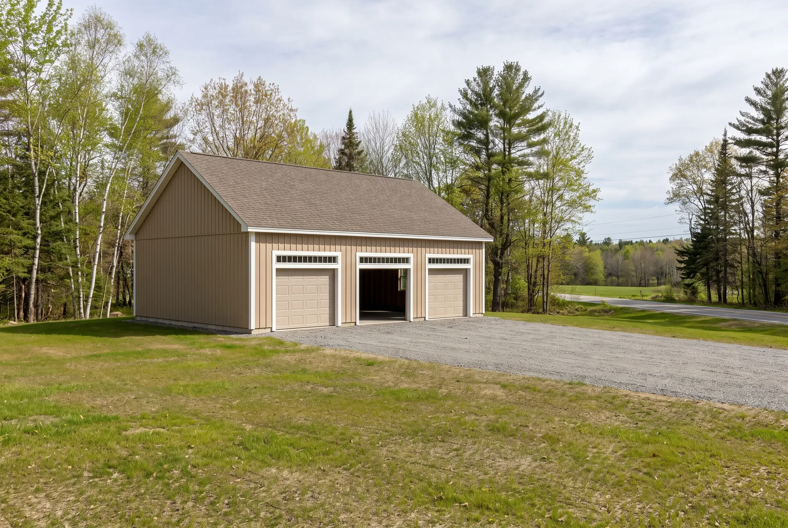 Three-bay detached garage in West Gardiner, Maine: Brown metal-sided garage with white trim and gabled roof, gravel driveway, surrounded by trees and grass, no people visible.