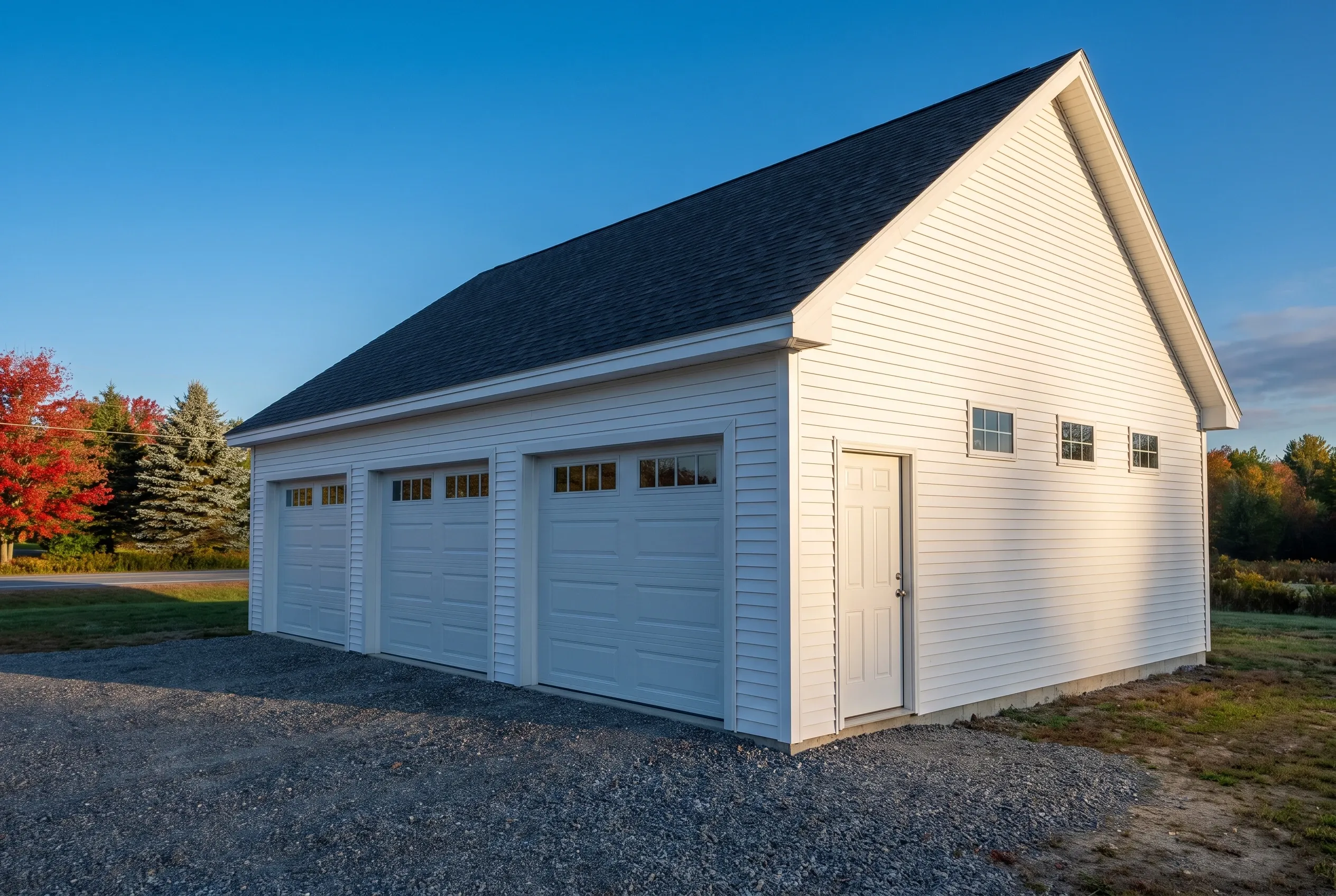 Three-bay garage in West Gardiner, Maine: White vinyl-sided garage with dark shingle roof, three white garage doors with windows, side entry door, and upper windows, set on gravel driveway with autumn foliage in background.