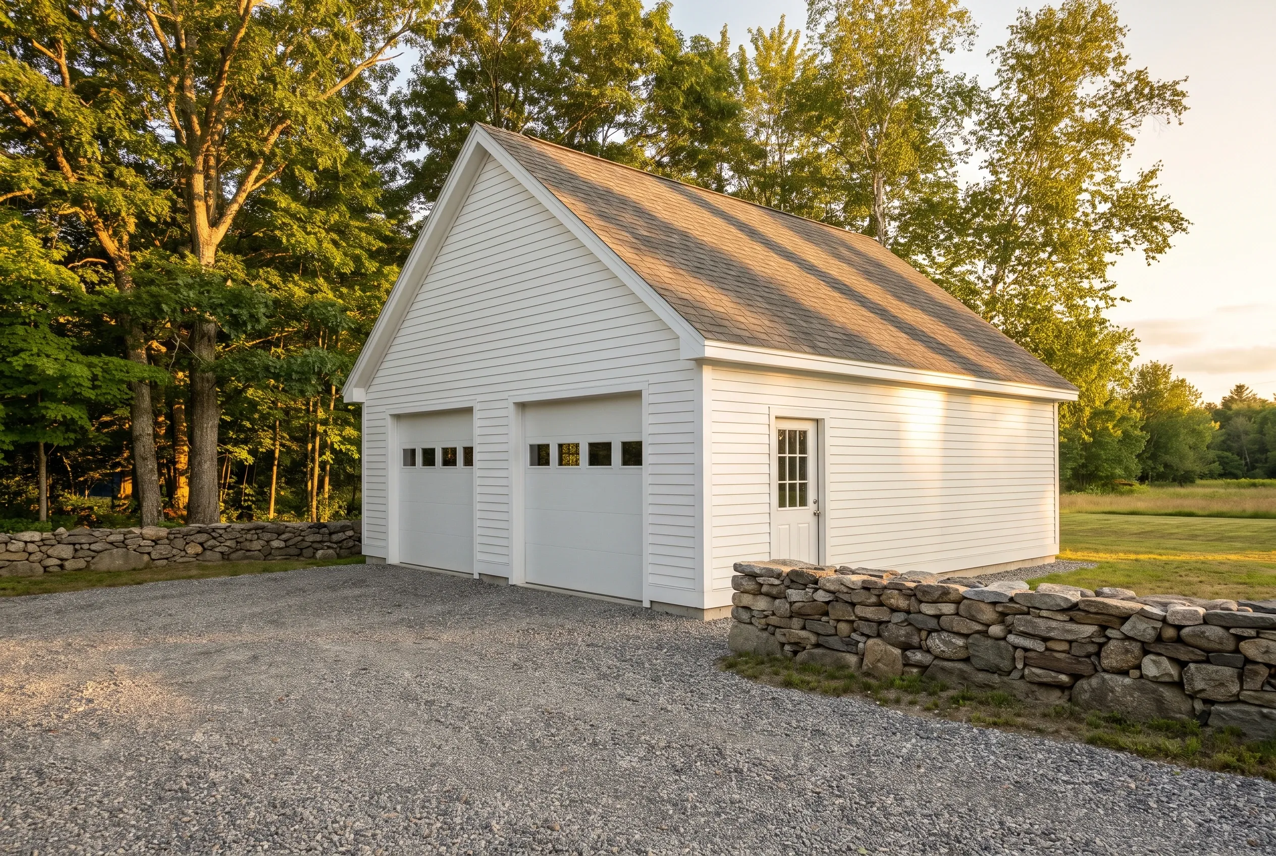 Garage builders in West Gardiner, ME: white two-bay garage with white siding and dark roof in rural setting surrounded by trees.
