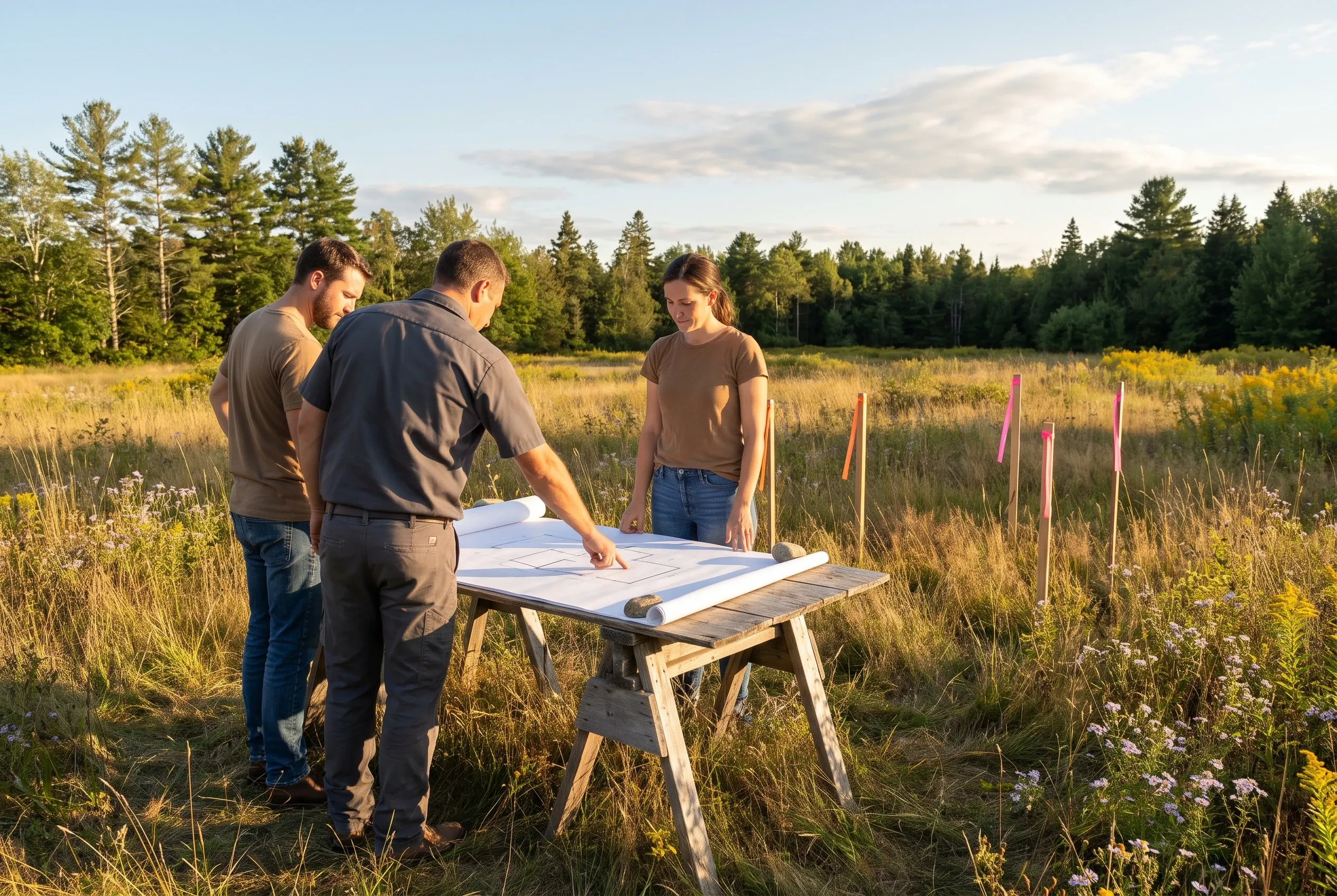Land survey in West Gardiner, Maine: Three people review blueprints on a table in an open field with forest in background and pink survey markers visible.