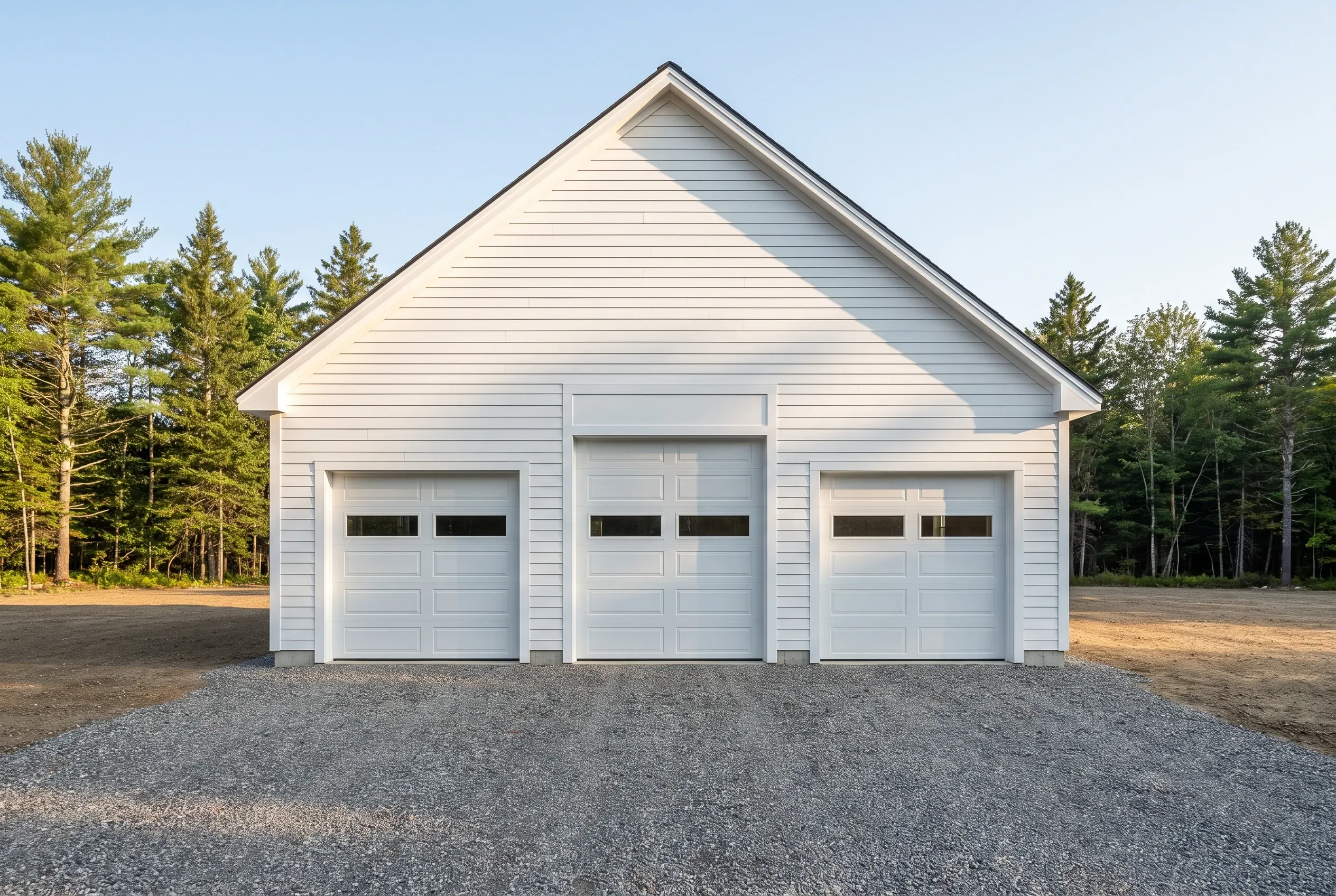 Three-bay detached garage in West Gardiner, Maine: White vinyl-sided garage with peaked roof and three white garage doors on a gravel driveway, surrounded by evergreen trees.