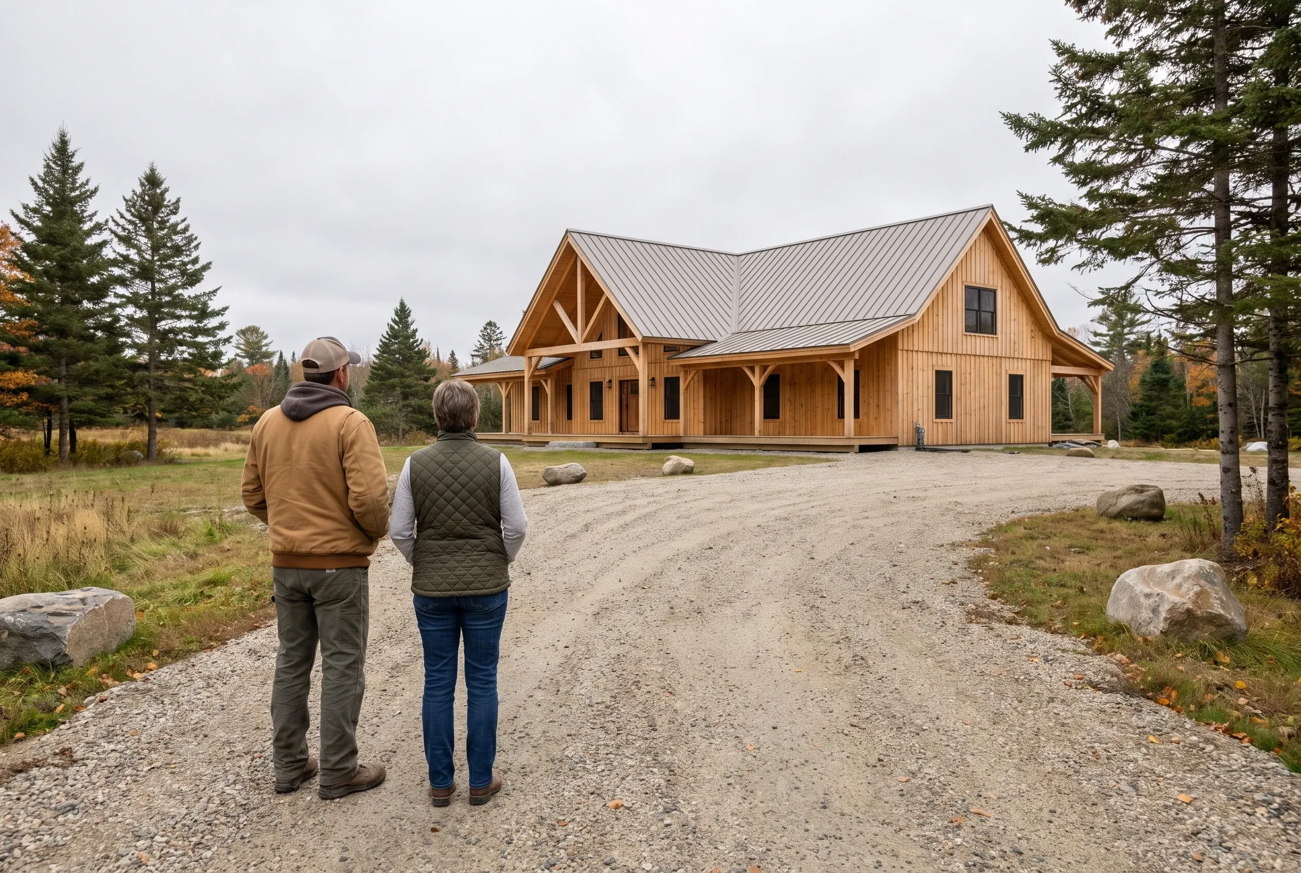 Timber frame garage in West Gardiner, Maine: Two people stand on a gravel driveway facing a large wooden garage with metal roof and vertical siding, surrounded by evergreen trees.