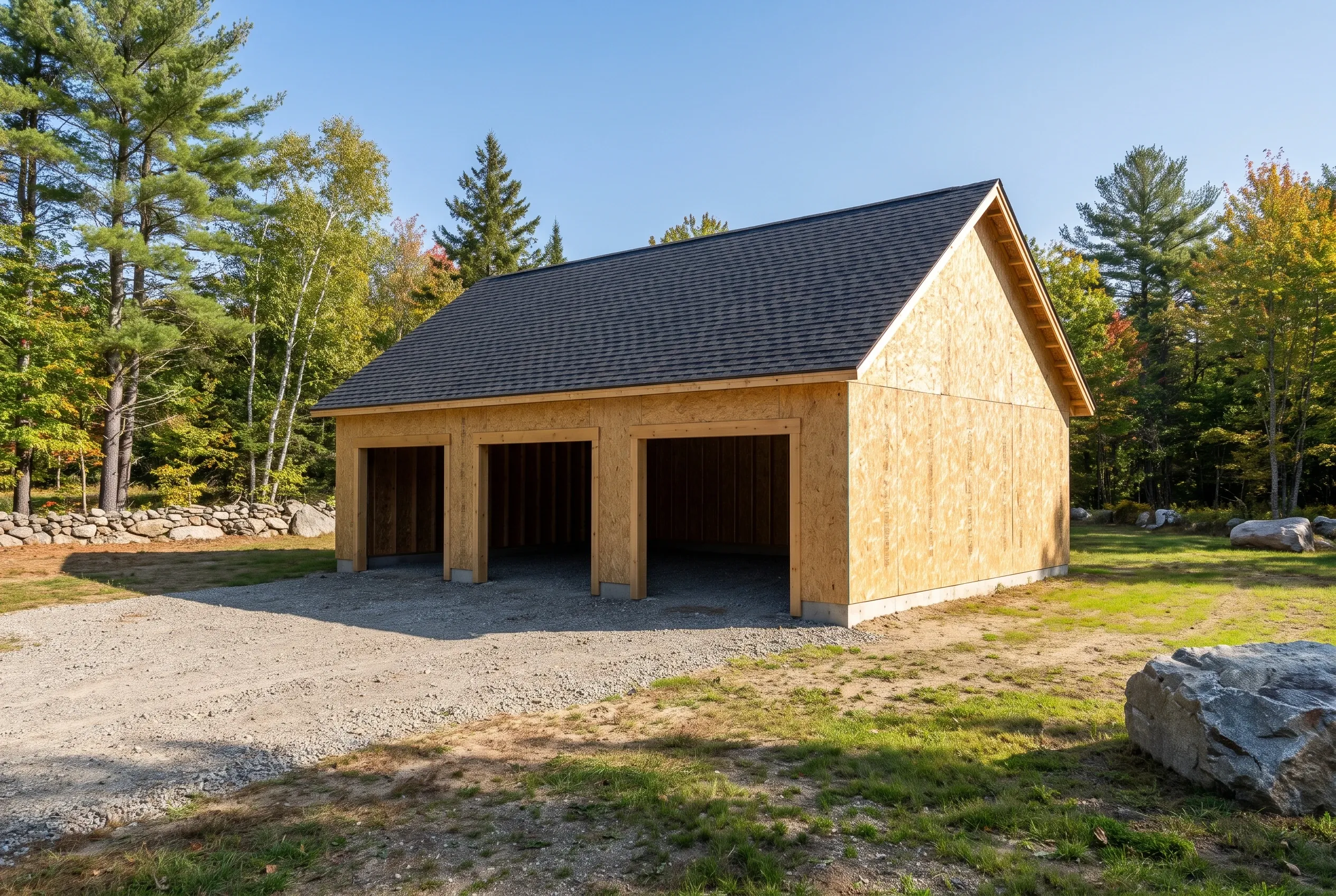 Three-bay detached garage in West Gardiner, Maine: New construction garage with OSB siding, dark asphalt shingle roof, open bays, set in forested lot with evergreen and deciduous trees, gravel driveway, boulders visible.