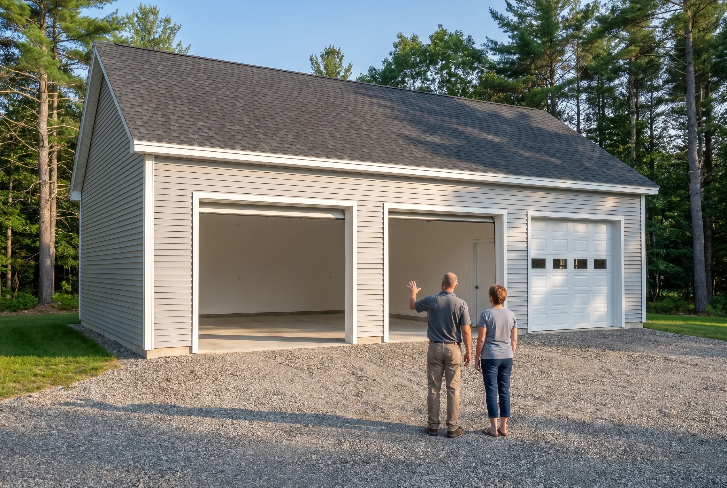 Detached two-bay garage in West Gardiner, Maine: A beige vinyl-sided garage with dark roof and two open bay doors on the front, one standard white garage door on the right side. Two people stand in the driveway facing the building. Tall pine trees surround the structure.