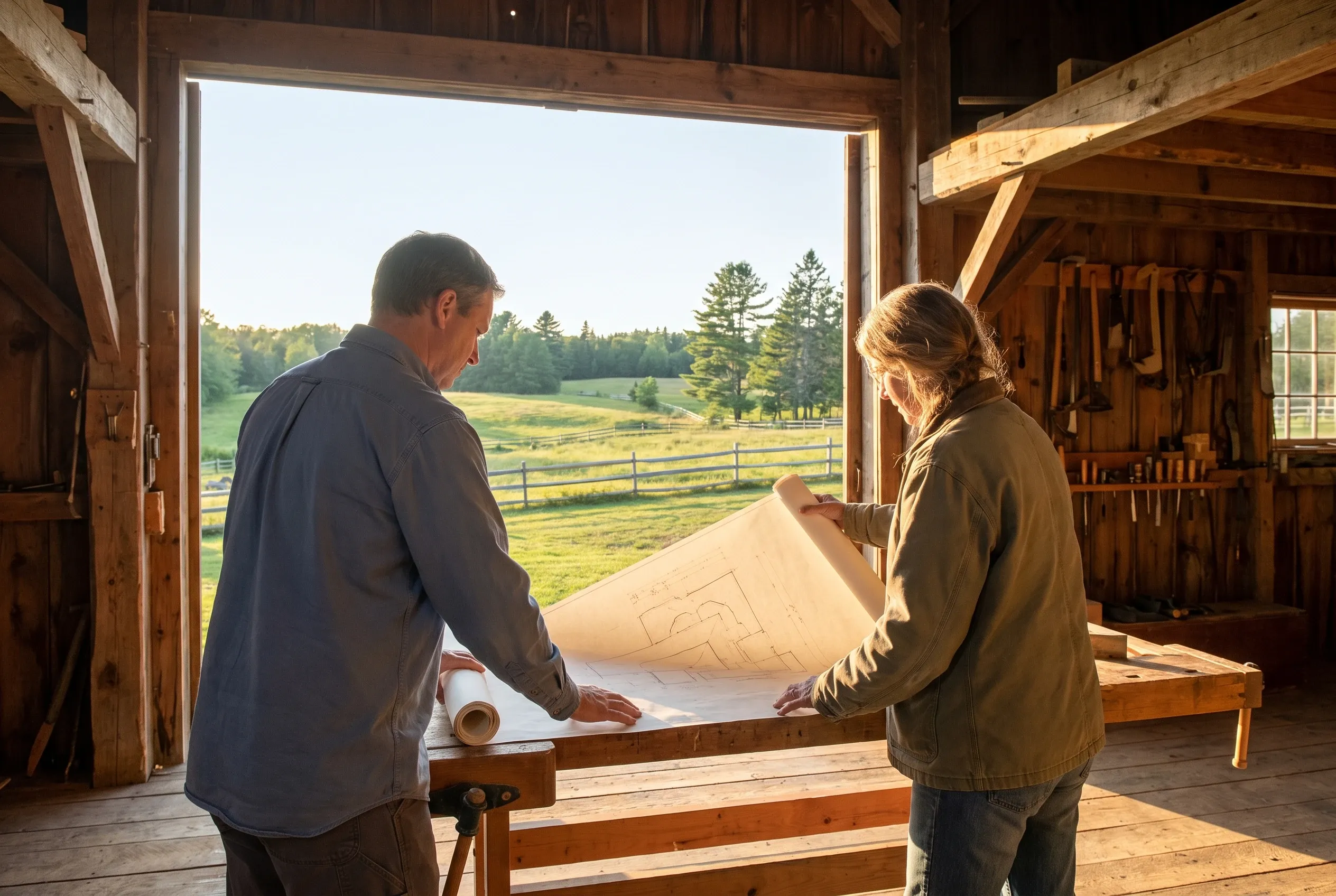 Detached two-bay garage in Whitefield, ME: Two people review blueprints inside a wooden garage with open doors overlooking a pastoral landscape with fields and evergreen trees.