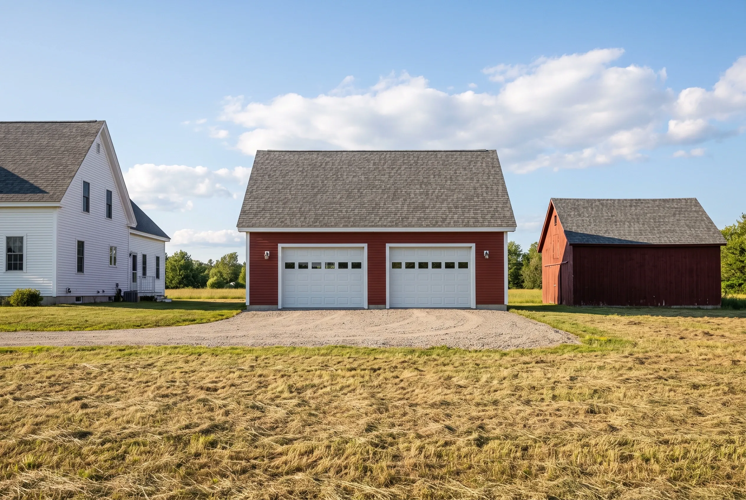 Two-bay red garage in Whitefield, ME: A two-bay red garage with white doors and gray roof sits on a gravel driveway between a white farmhouse and red barn, surrounded by open fields under blue sky.