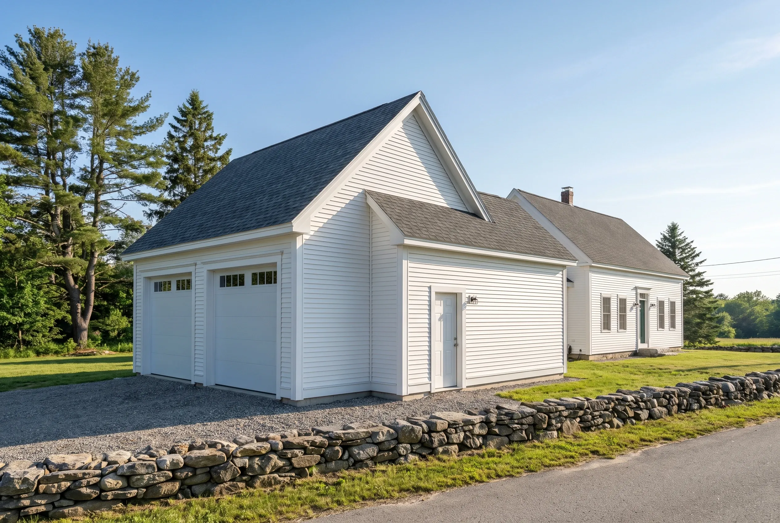 Detached two-bay garage in Whitefield, ME: White vinyl-sided garage with dark shingle roof and attached single-story section, set on gravel driveway beside stone wall and evergreen trees under clear sky.