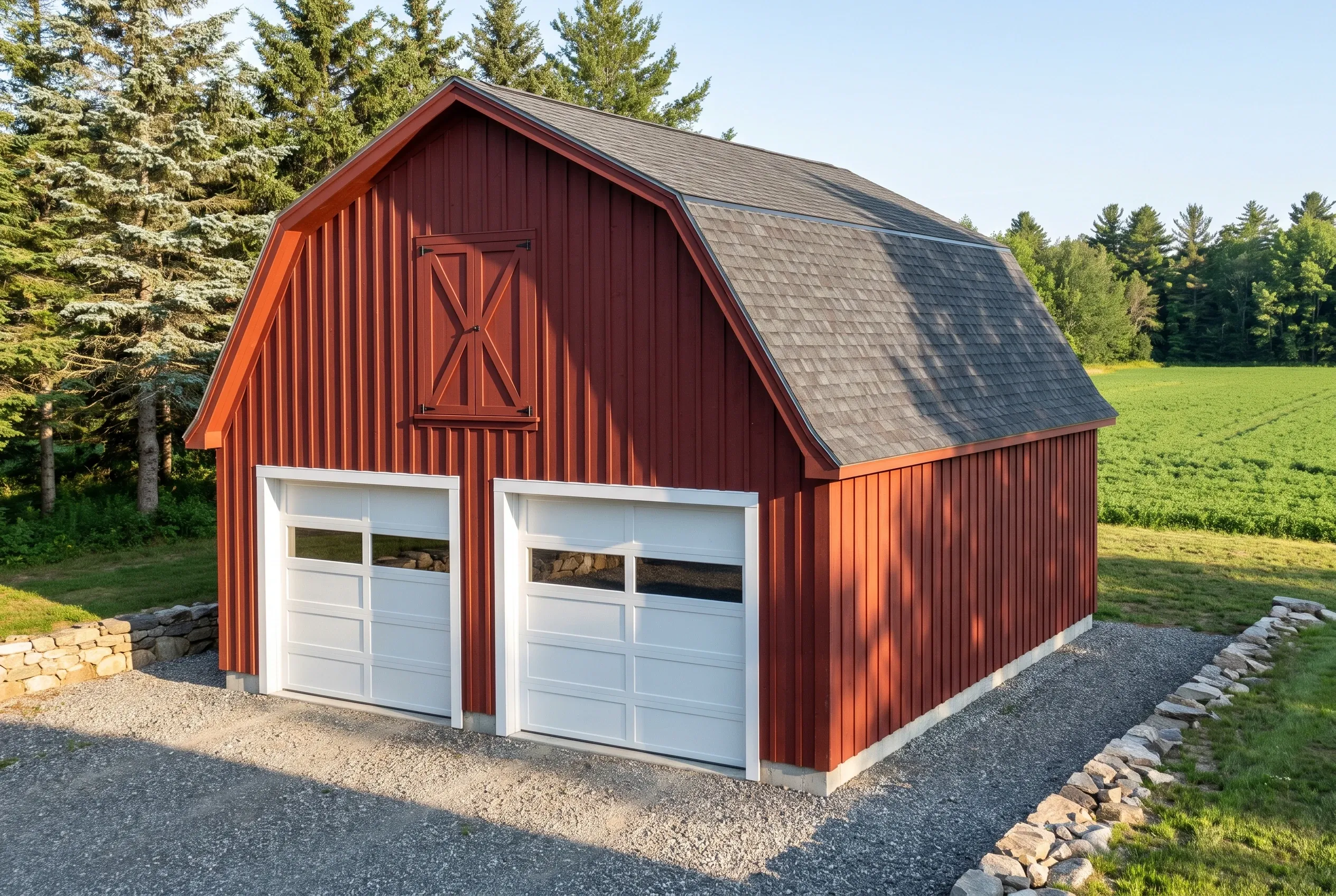 Two-bay garage in Whitefield, ME: Red metal-sided barn-style garage with two white garage doors, dark roof, stone foundation, gravel driveway, surrounded by evergreen trees and open field.