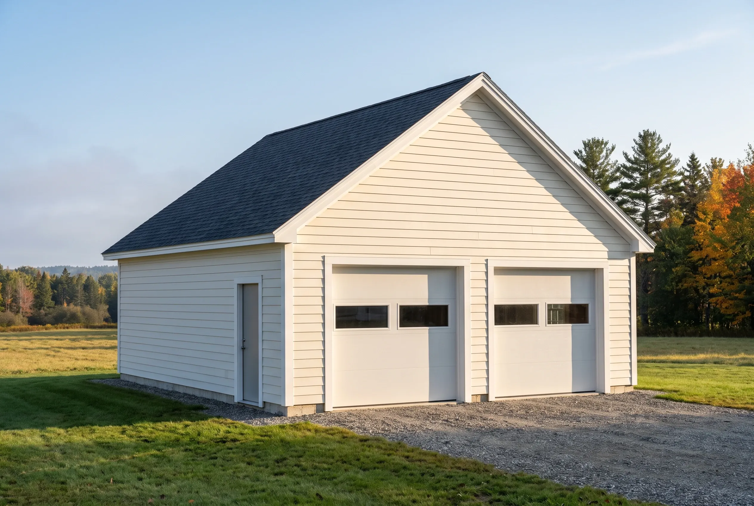 Garage builders in Whitefield, ME: Two-bay white vinyl sided garage with dark shingles on rural property with evergreen trees and open field.