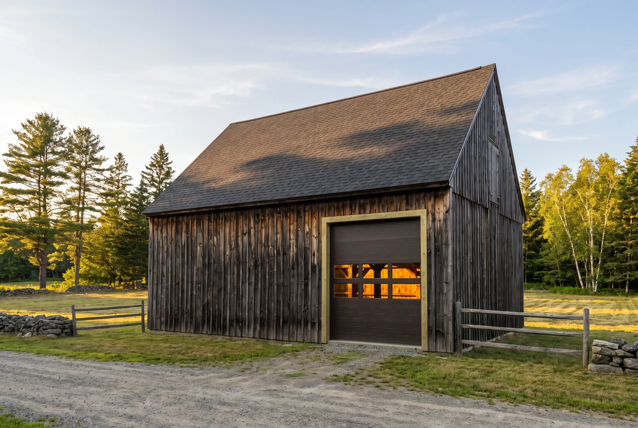 Detached one-bay garage in Whitefield, ME: Black vertical siding garage with dark roof and overhead door, surrounded by evergreen and birch trees in rural setting.