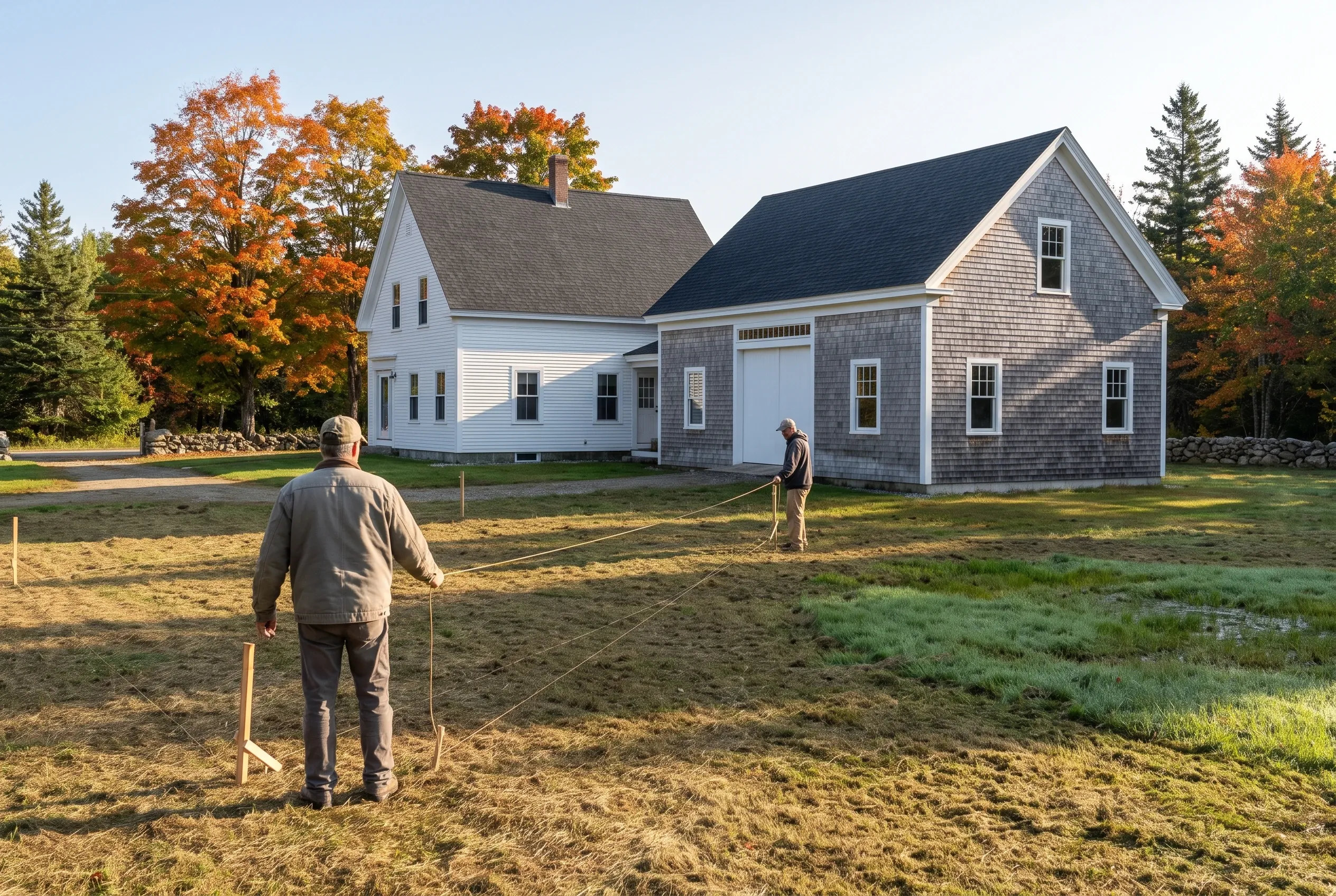 Detached garage with attached house in Whitefield, ME: Two-story house with white and gray shingle siding, dark roof, and attached garage. Two people measure the yard with string in autumn setting with evergreens and fall foliage.