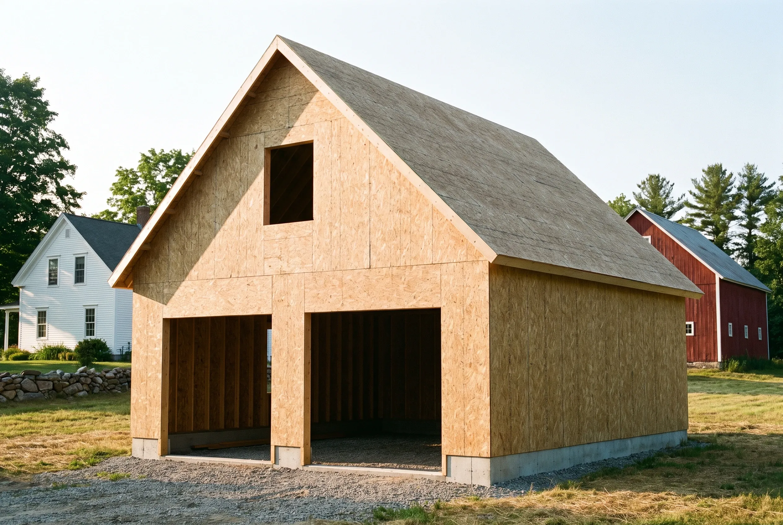 Two-bay garage in Whitefield, ME: Newly constructed two-bay garage with OSB siding, asphalt shingle roof, and two dark wooden garage doors, set in rural area with residential homes nearby.