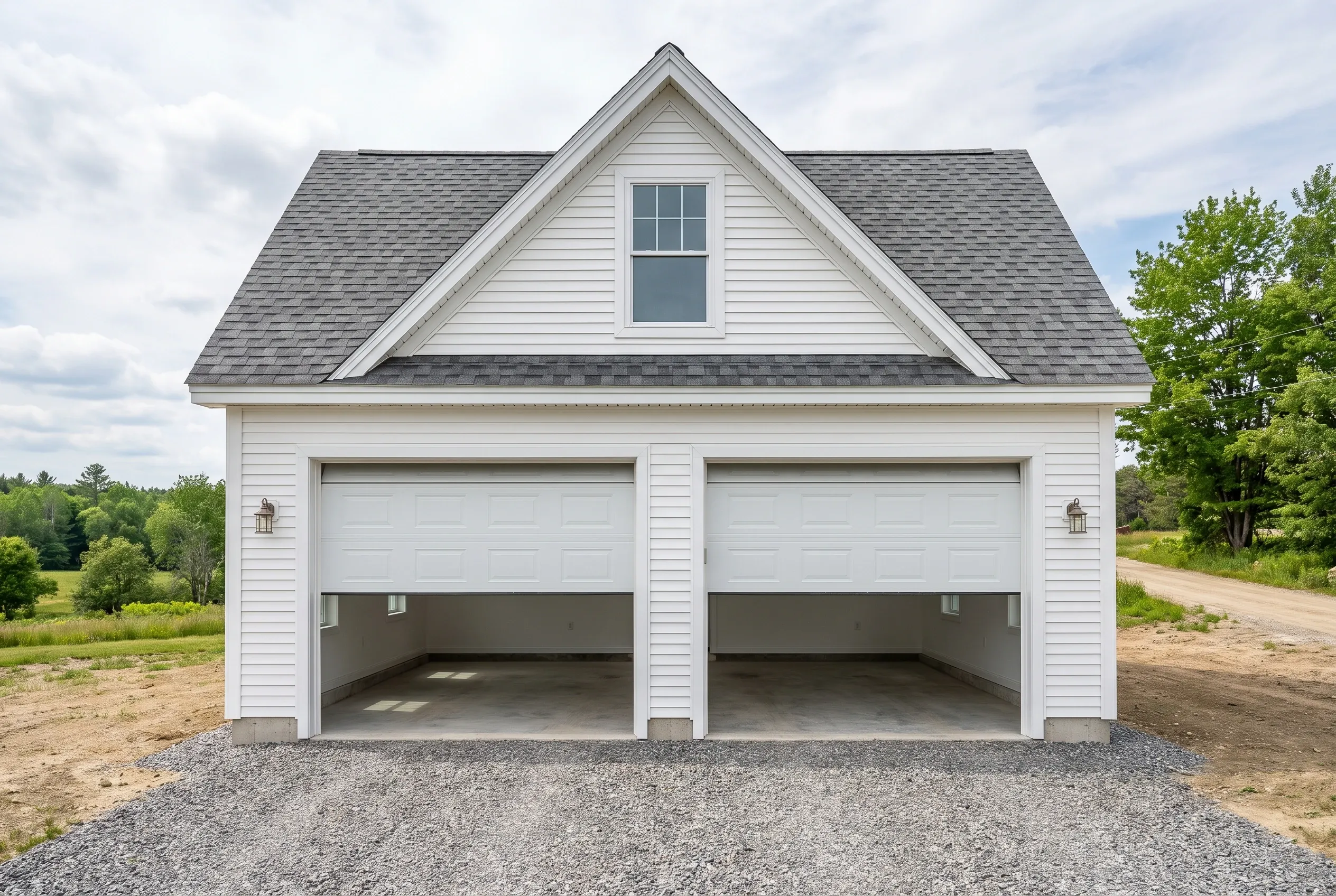 Two-bay detached garage in Whitefield, ME: White vinyl sided garage with gray shingle roof, gable dormer with window, two open garage bays, gravel driveway, rural setting with trees and dirt road.