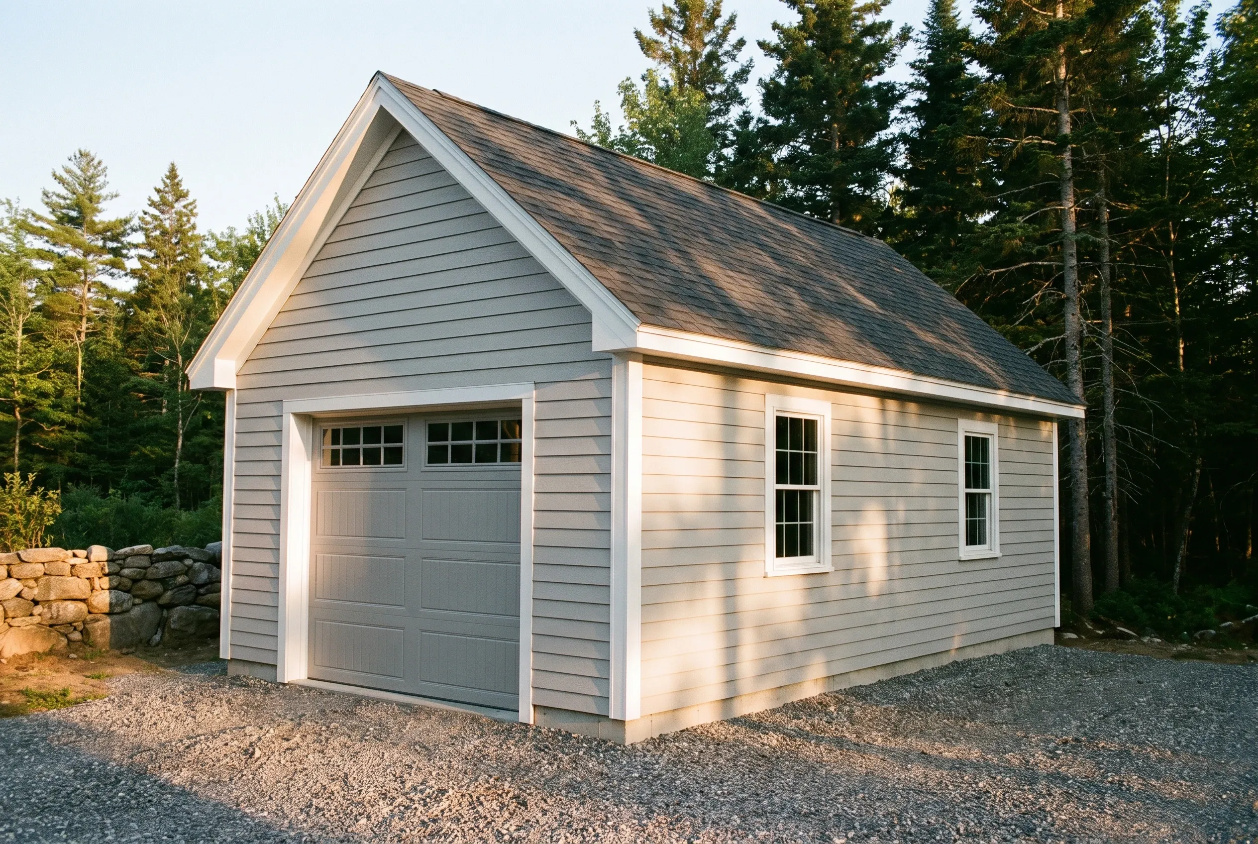 Detached single-bay garage in Whitefield, ME: A one-car garage with gray siding, white trim, and dark roof sits on a gravel driveway surrounded by evergreen trees.