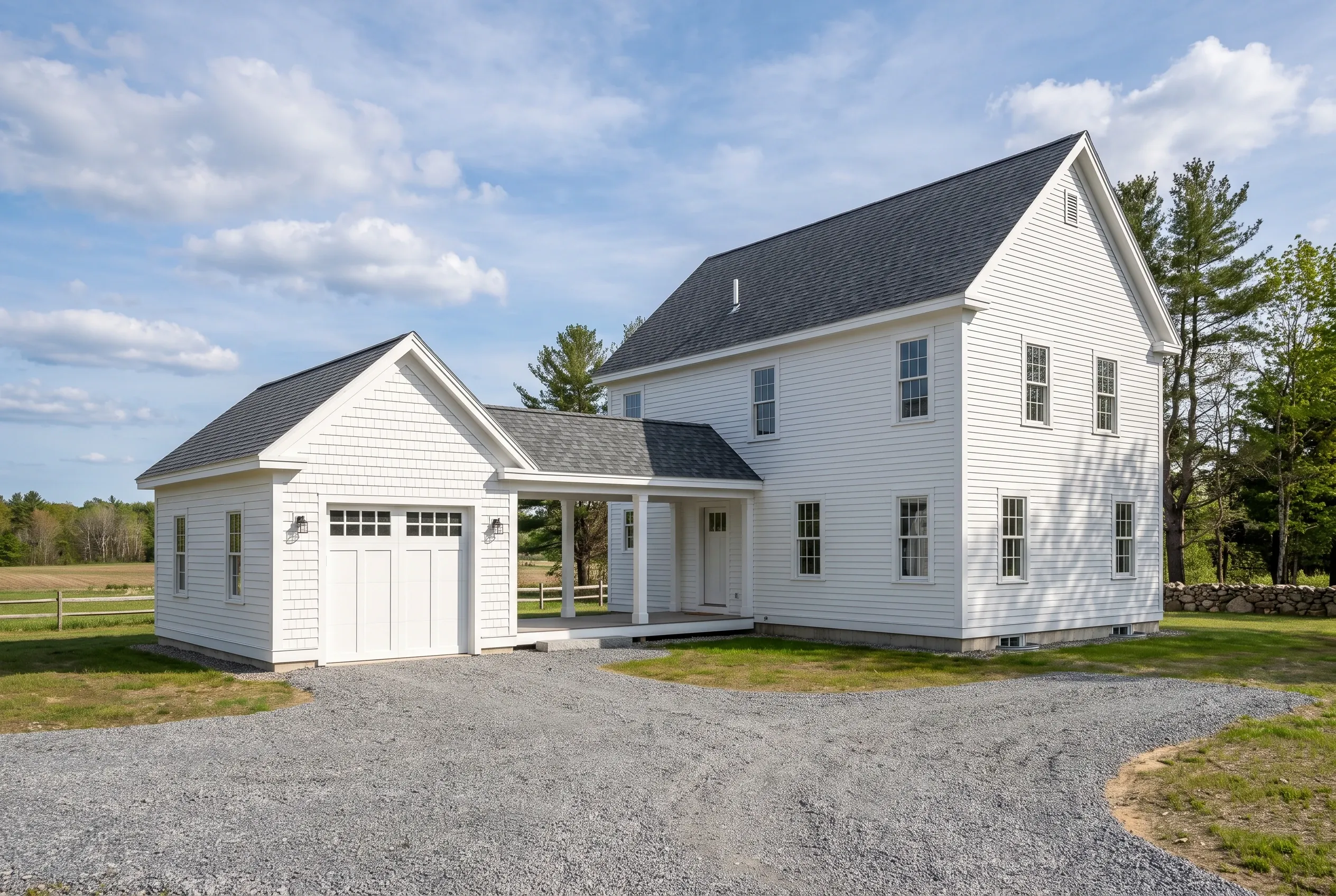 Two-bay detached garage in Windsor, Maine: White-sided garage with dark roof and covered breezeway connecting to white farmhouse with dark roof, gravel driveway, open lawn and trees.