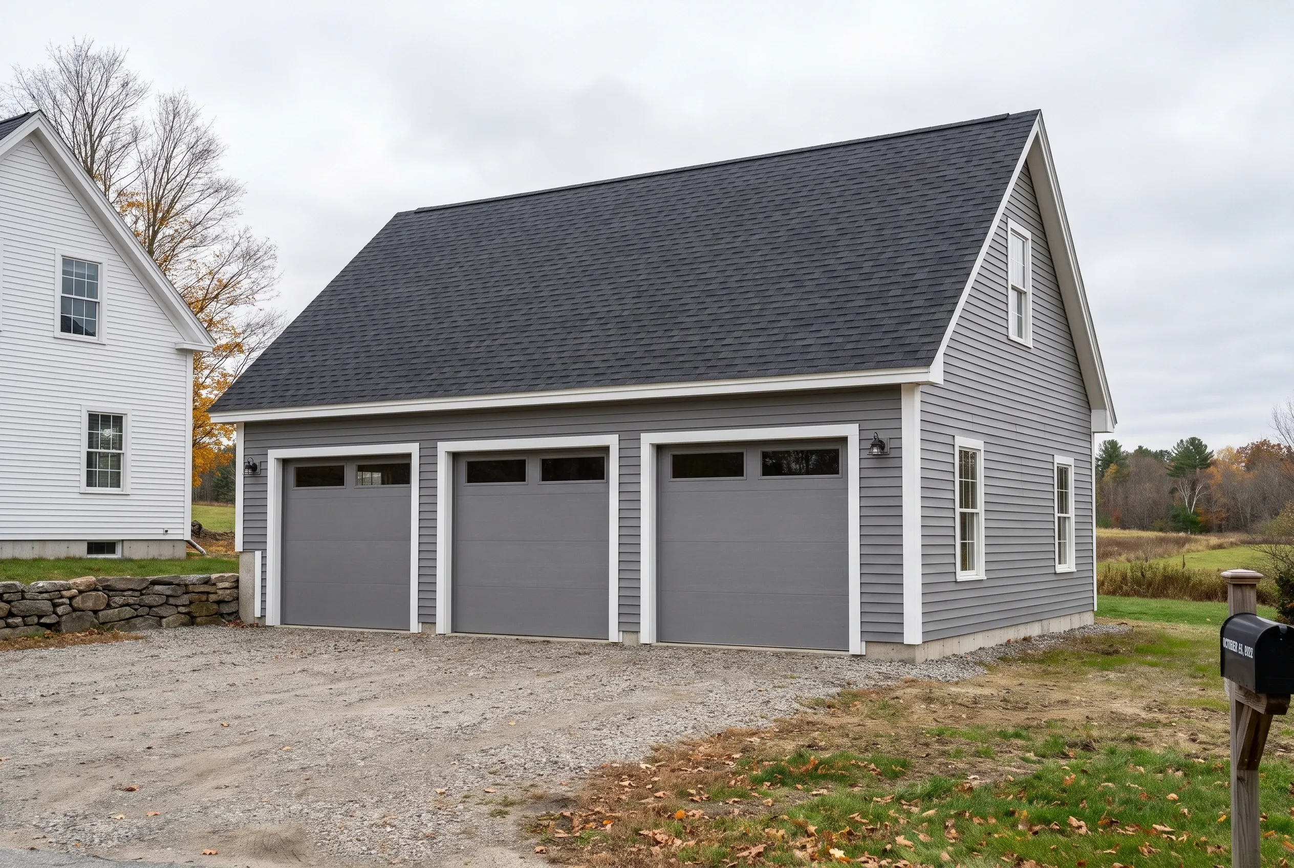 Three-bay detached garage in Windsor, ME: Gray garage with white trim and dark shingle roof beside white house, gravel driveway, bare trees and fields visible.