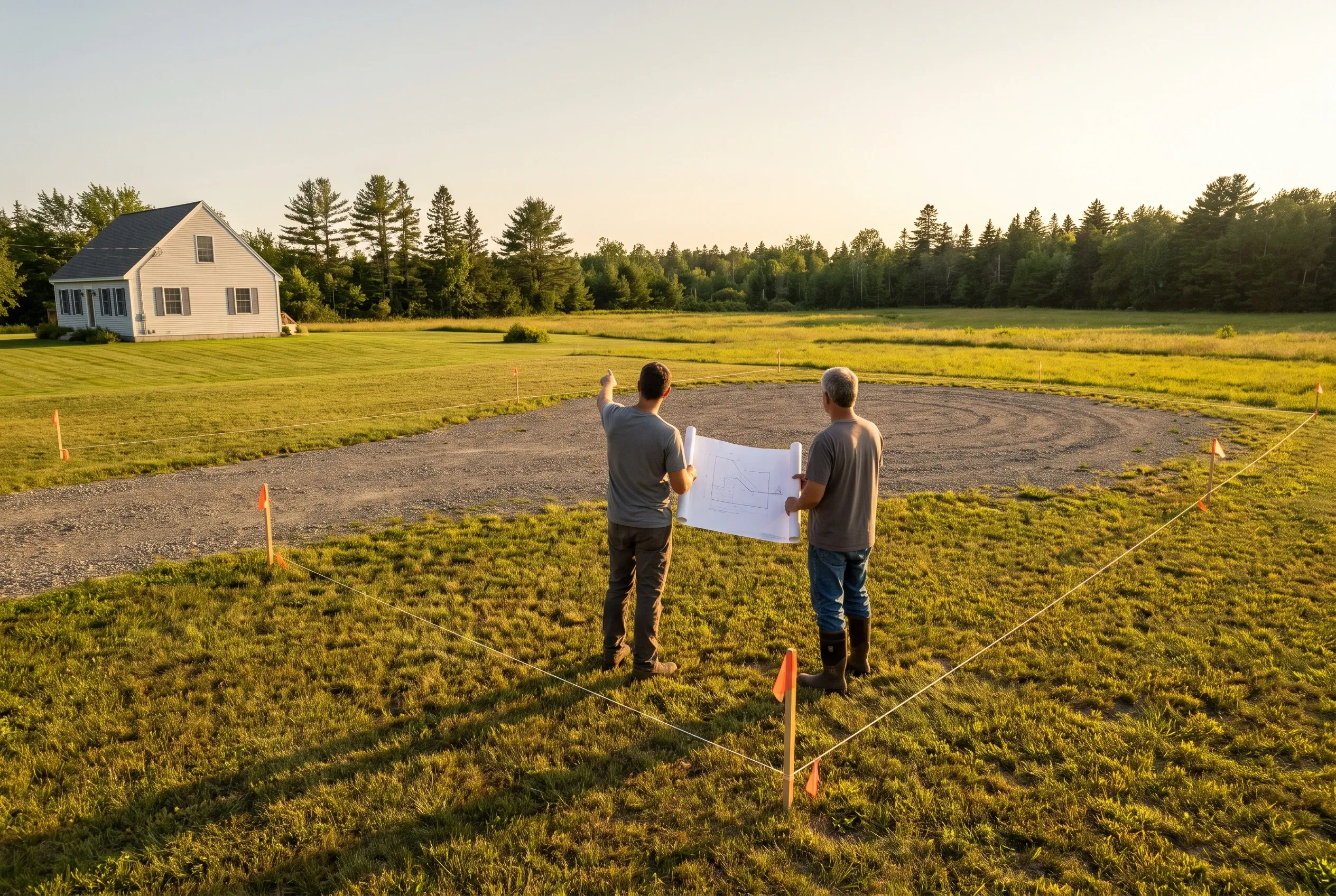 Detached single-bay garage in Windsor, ME: Two men review blueprints while standing in a grassy field with surveyor's markers. A white house with dark roof is visible in the background surrounded by evergreen trees.