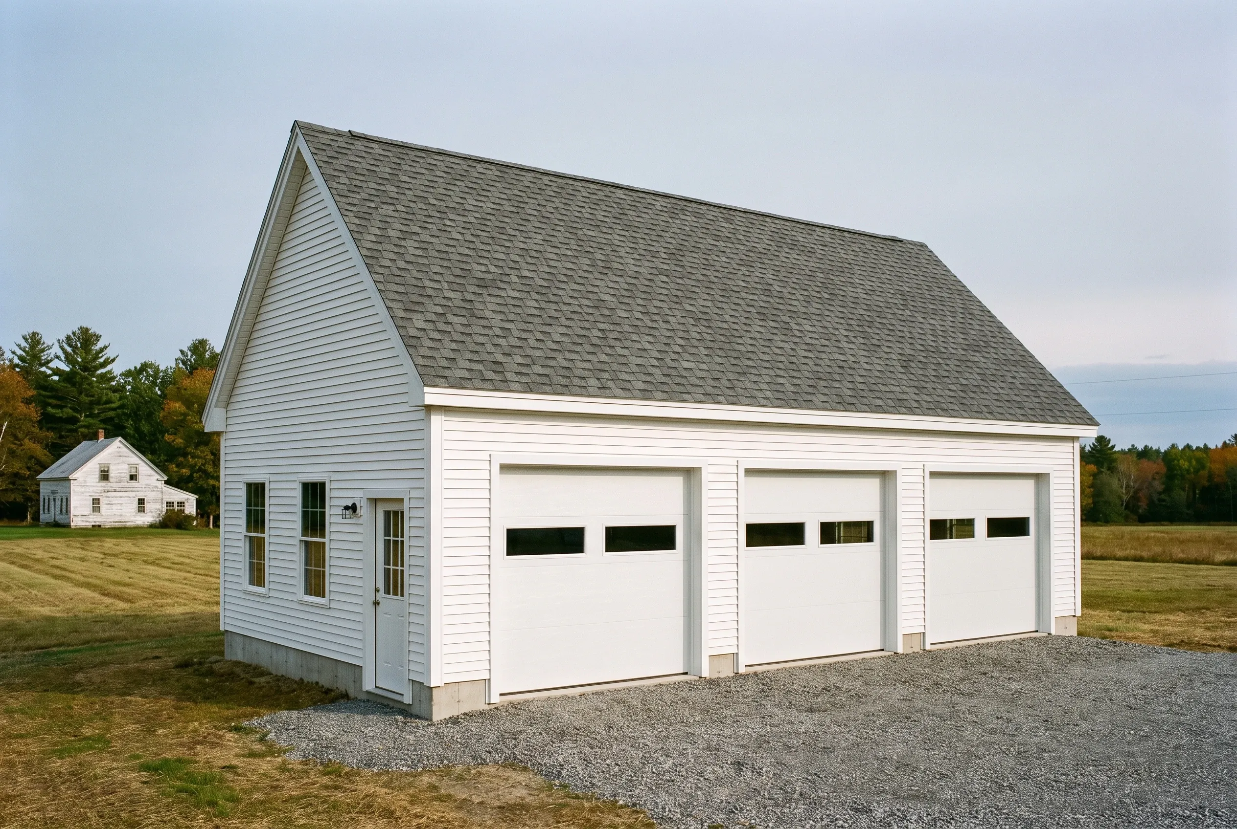 Garage builders in Windsor, ME: Three-bay white vinyl-sided garage with gray asphalt shingle roof in rural setting with farmhouse and trees.
