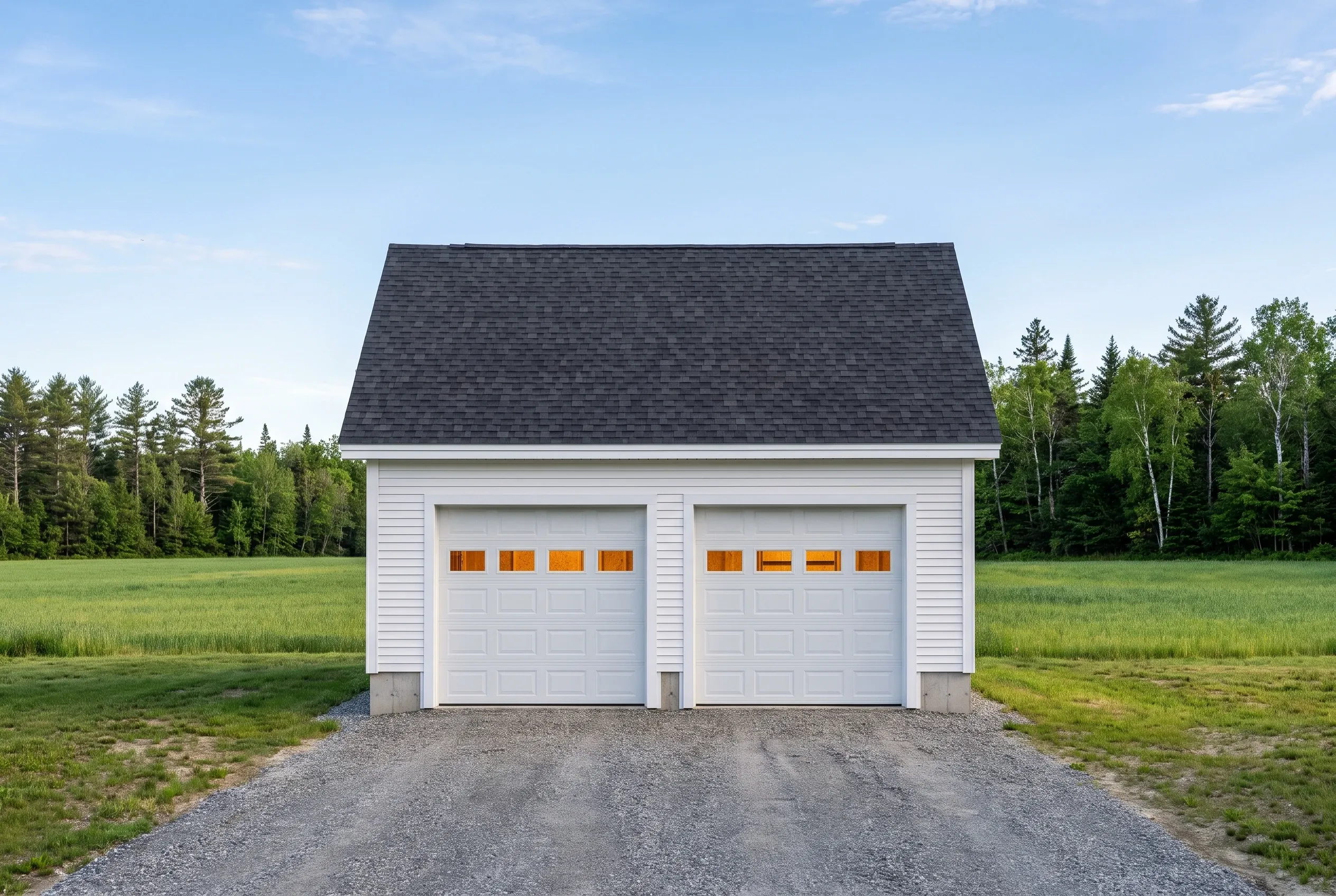 Two-bay detached garage in Windsor, Maine: White vinyl-sided garage with dark shingle roof and two white garage doors with orange window panels, situated on gravel driveway in open field surrounded by evergreen and deciduous trees.